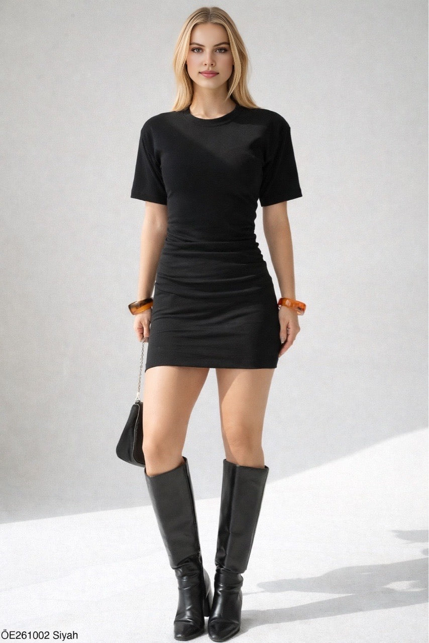 Kadın Bisiklet Yaka Kısa Kol Pamuklu Büzgülü Elbise