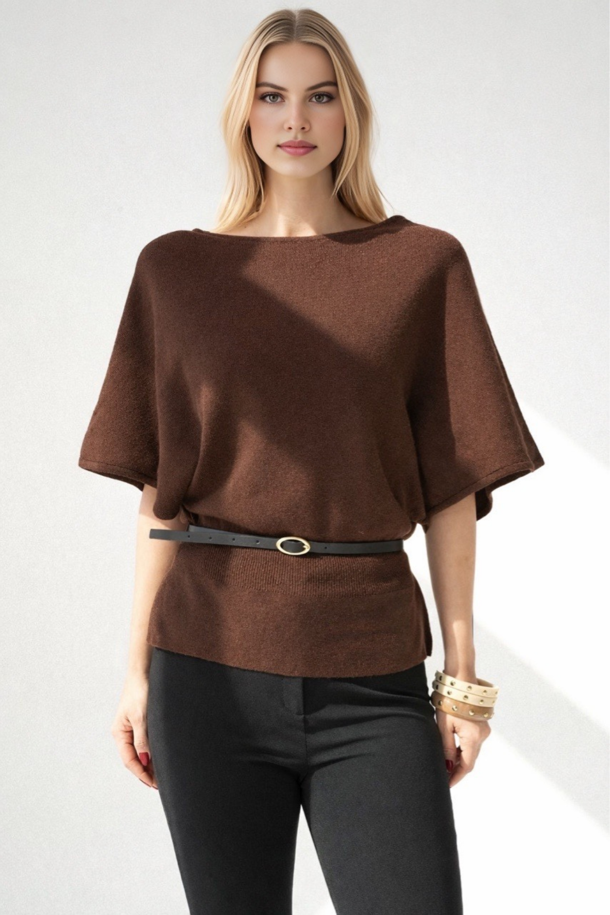 Kadın Kayık Yaka Kemer Detaylı Bluz