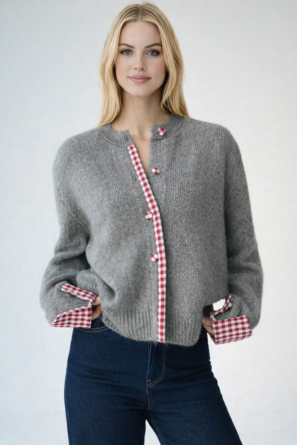 Kadın Krem Bisiklet Yaka Pötikare Detaylı Hırka