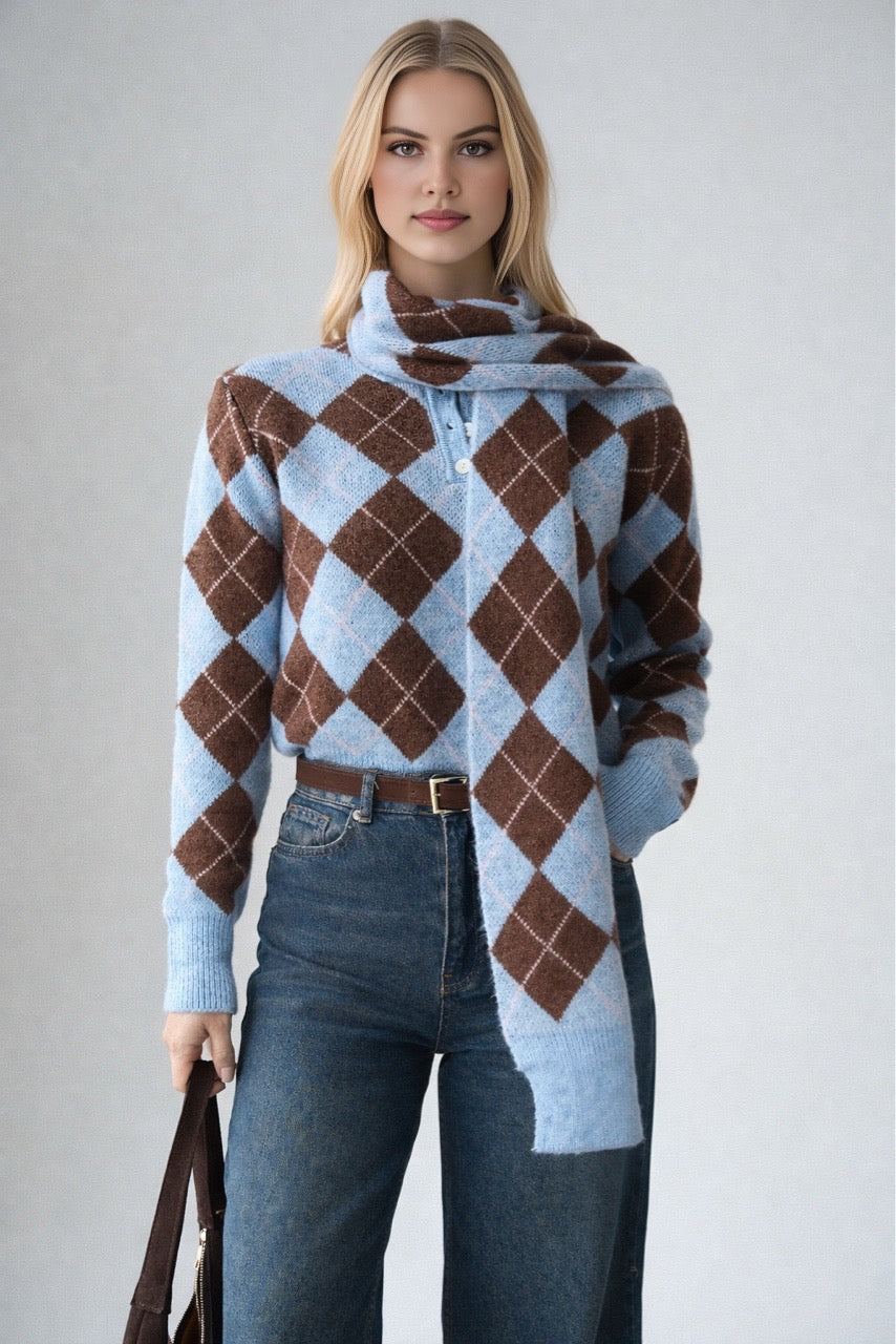 Kadın Baklava Desenli Atkı Detaylı Kazak