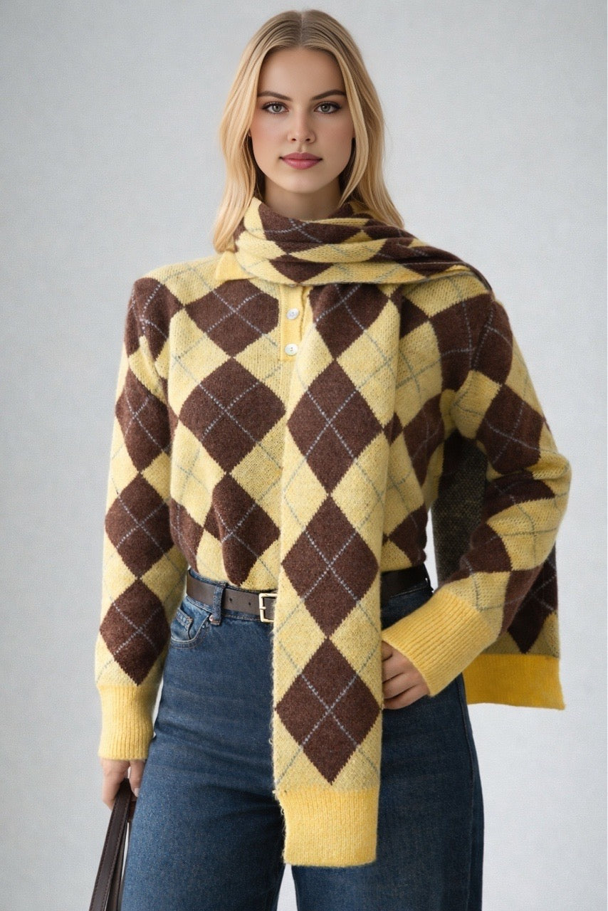 Kadın Baklava Desenli Atkı Detaylı Kazak