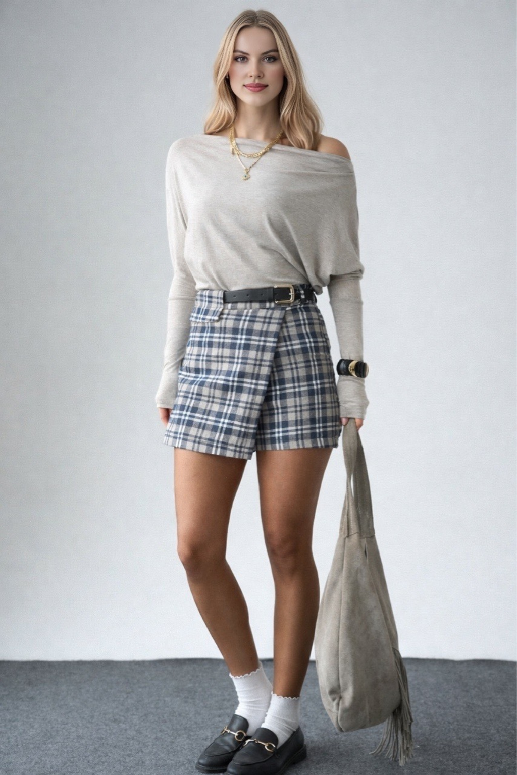 Kadın Lacivert Ekose Desenli Kemerli Şort Etek