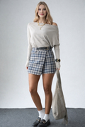 Kadın Lacivert Ekose Desenli Kemerli Şort Etek