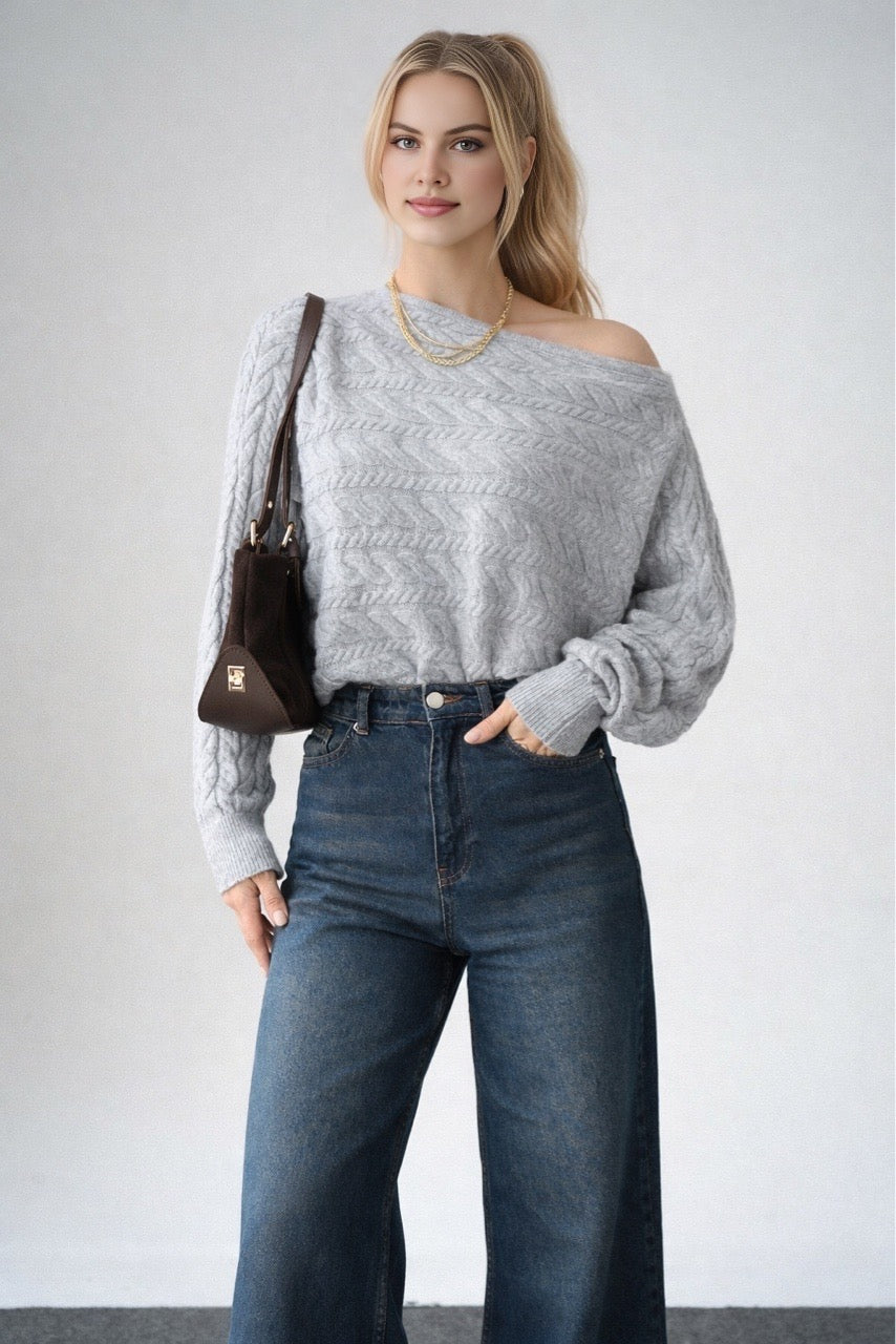 Kadın Asimetrik Yaka Örgü Kazak