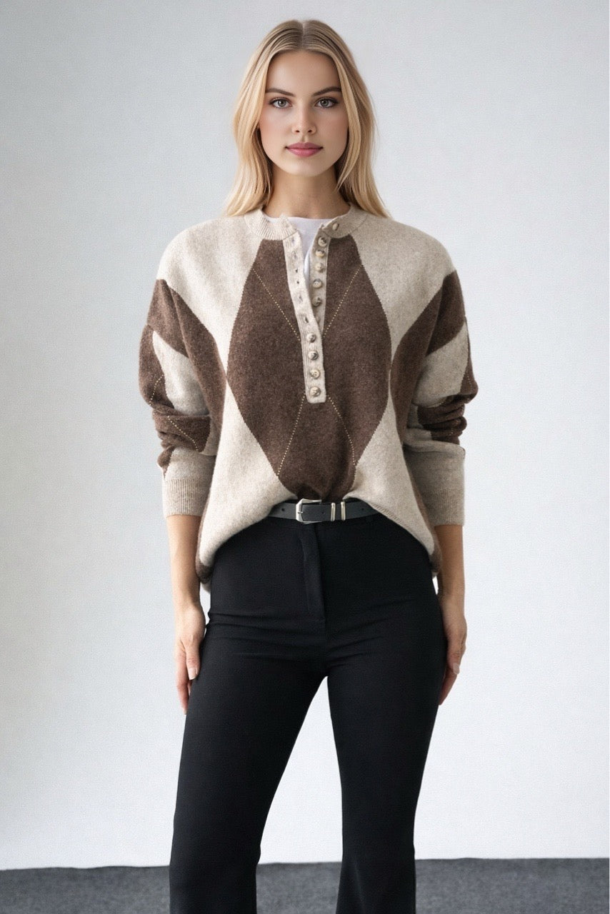 Kadın Bisiklet Yaka Düğme Baklava Desenli Yünlü Kazak