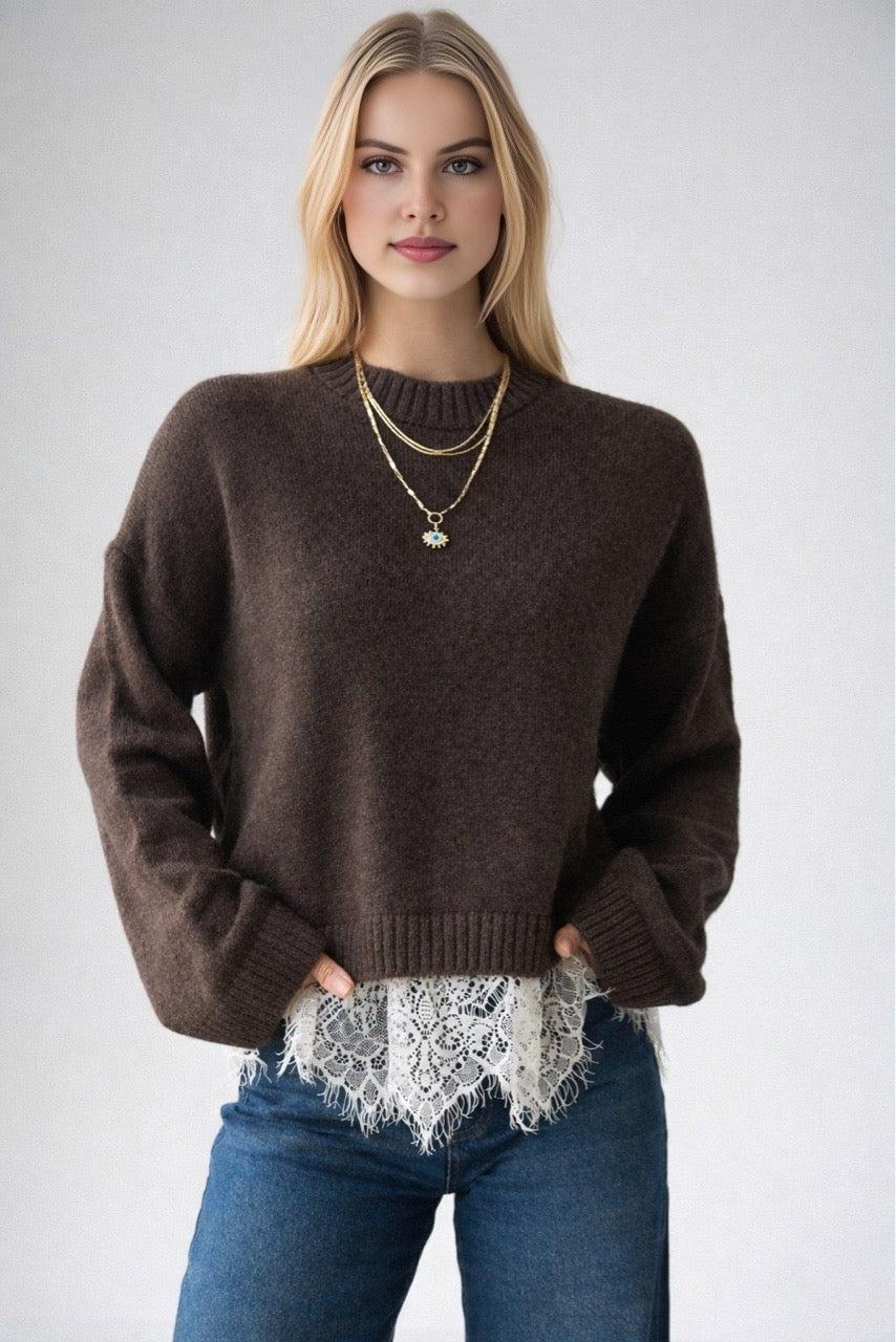 Kadın Bisiklet Yaka Dantel Detaylı Kazak