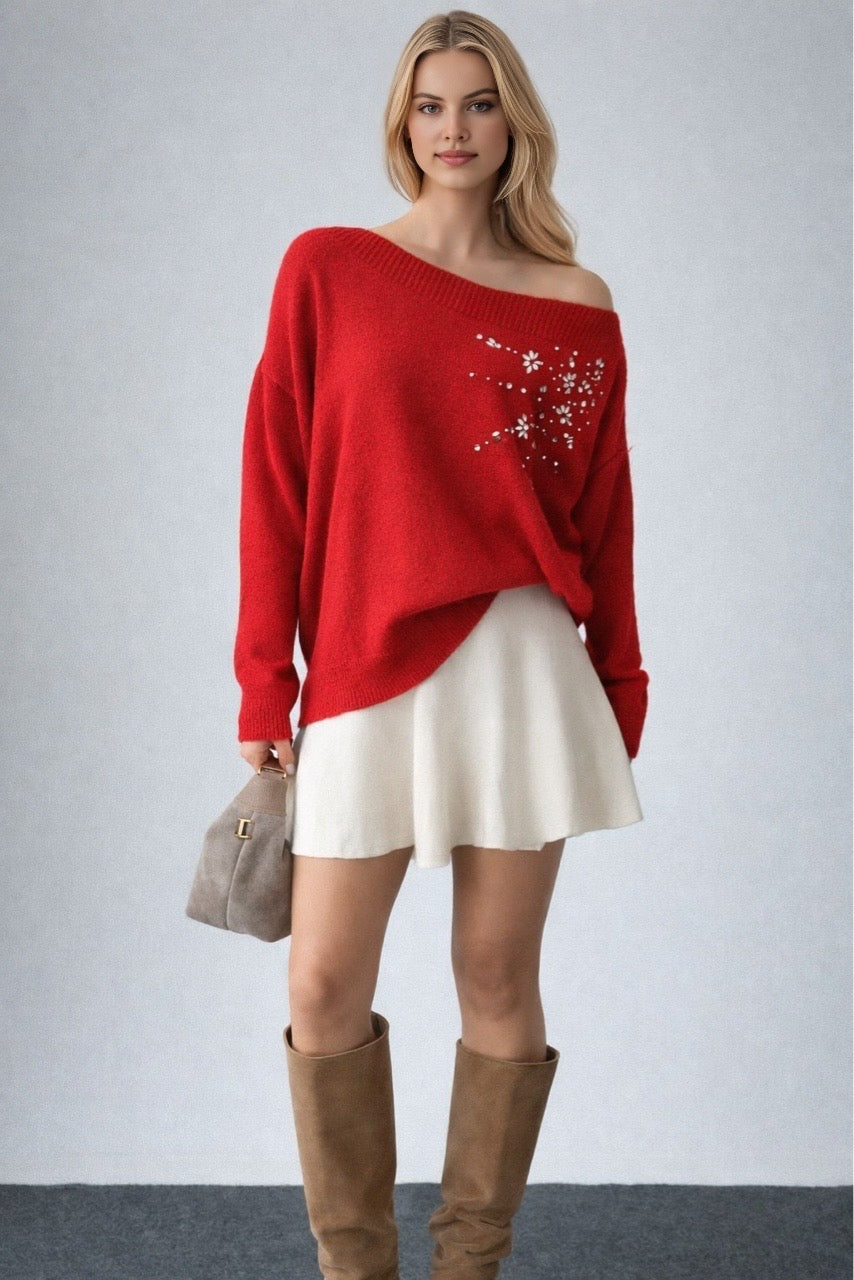 Kadın Kırmızı Kayık Yaka Taş Nakış İşleme Detaylı Kazak