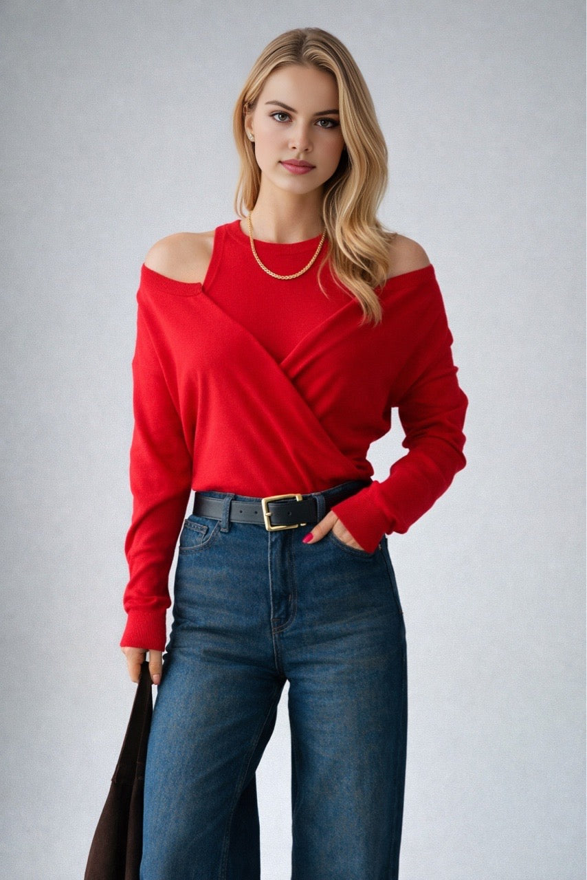 Kadın Kırmızı Kruvaze Yaka Hırka Bluz Takım