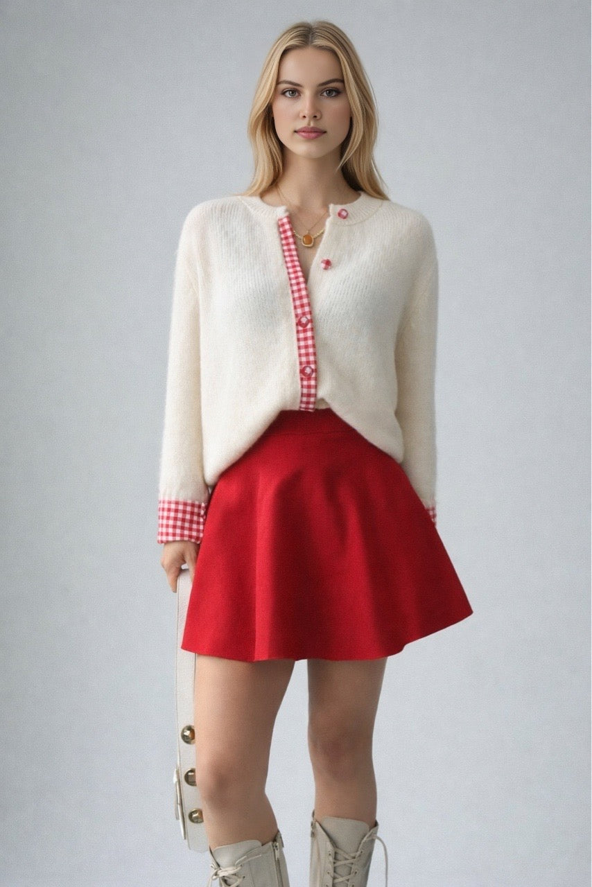 Kadın Krem Bisiklet Yaka Pötikare Detaylı Hırka