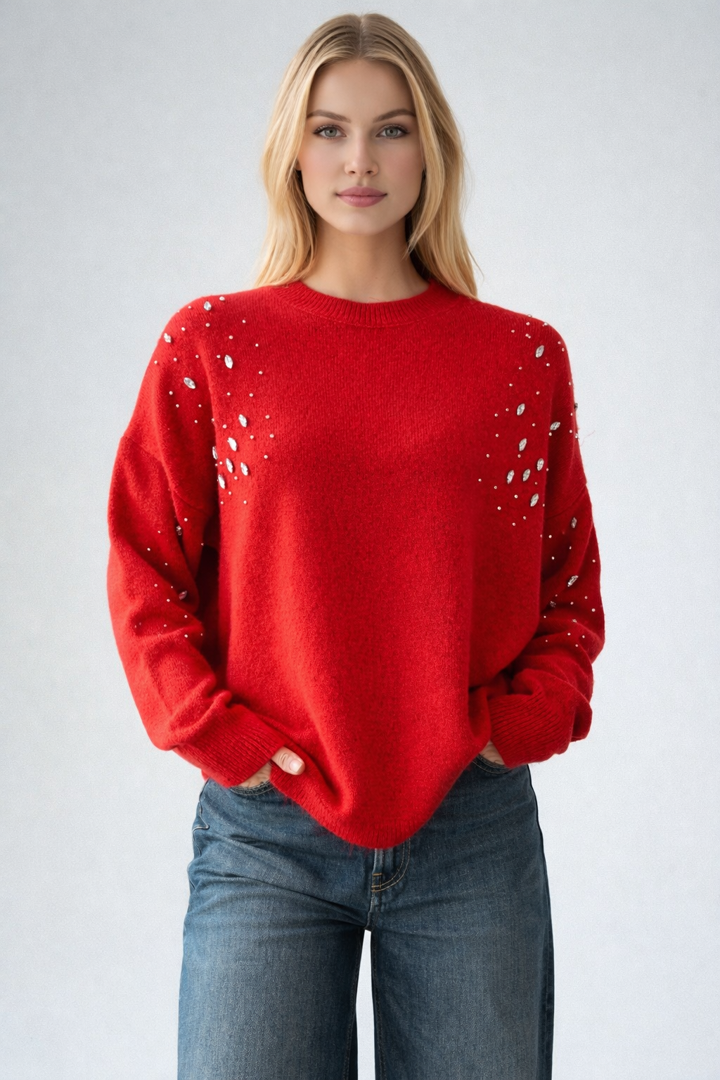 Kadın Bisiklet Yaka Taş Nakış İşlemeli Kazak