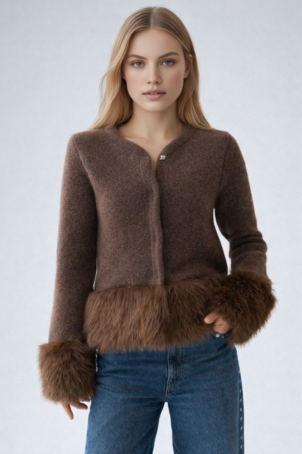 Kadın Kolları Suni Kürk Yünlü Triko Hırka Ceket