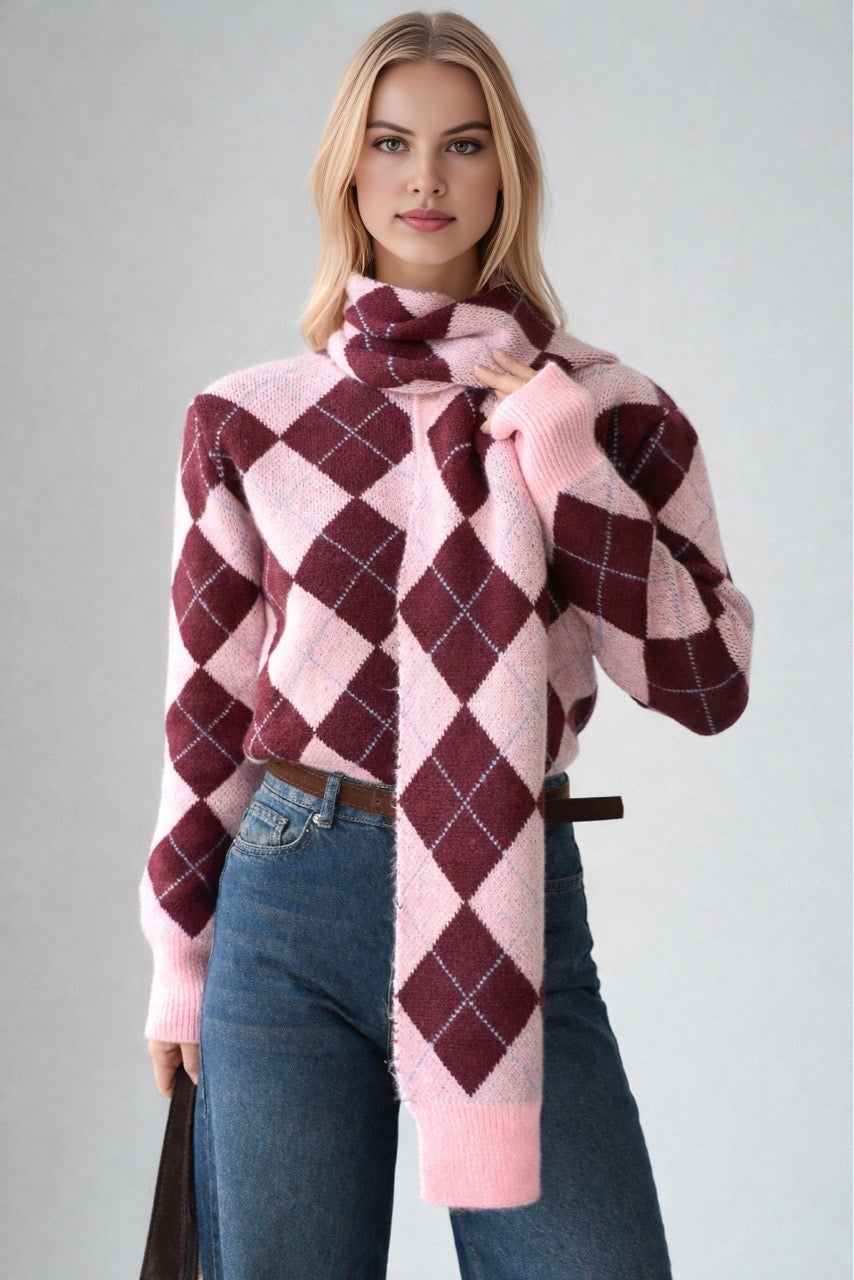 Kadın Baklava Desenli Atkı Detaylı Kazak