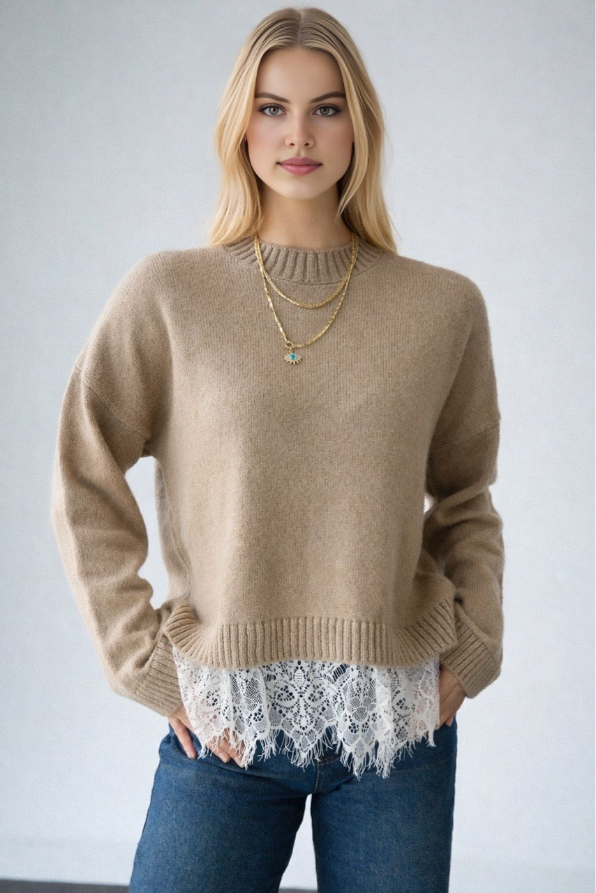 Kadın Bisiklet Yaka Dantel Detaylı Kazak