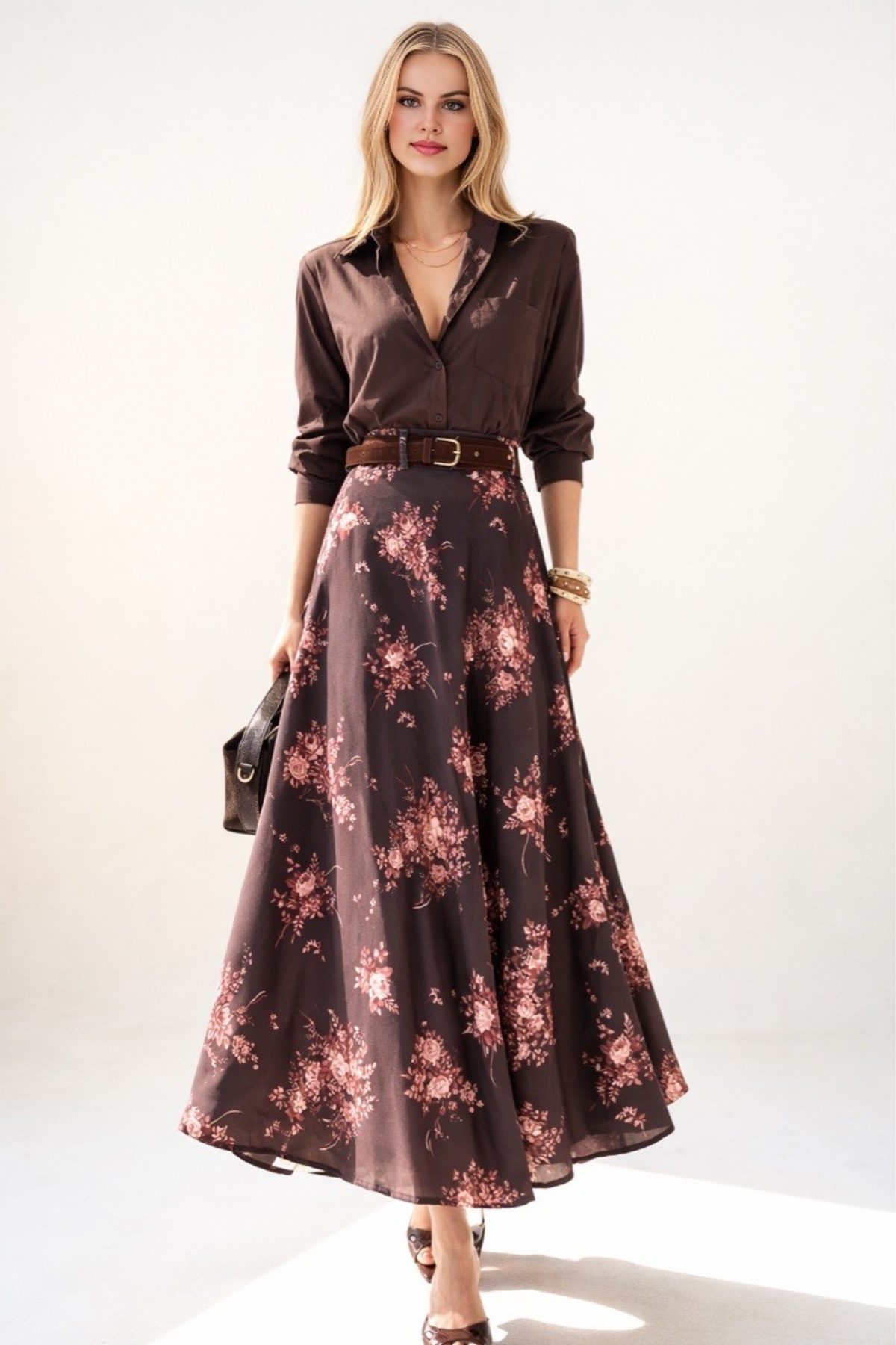Kadın Kahve Çiçek Desenli Uzun Kloş Etek