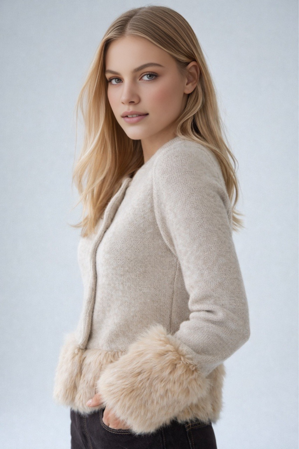 Kadın Kolları Suni Kürk Yünlü Triko Hırka Ceket