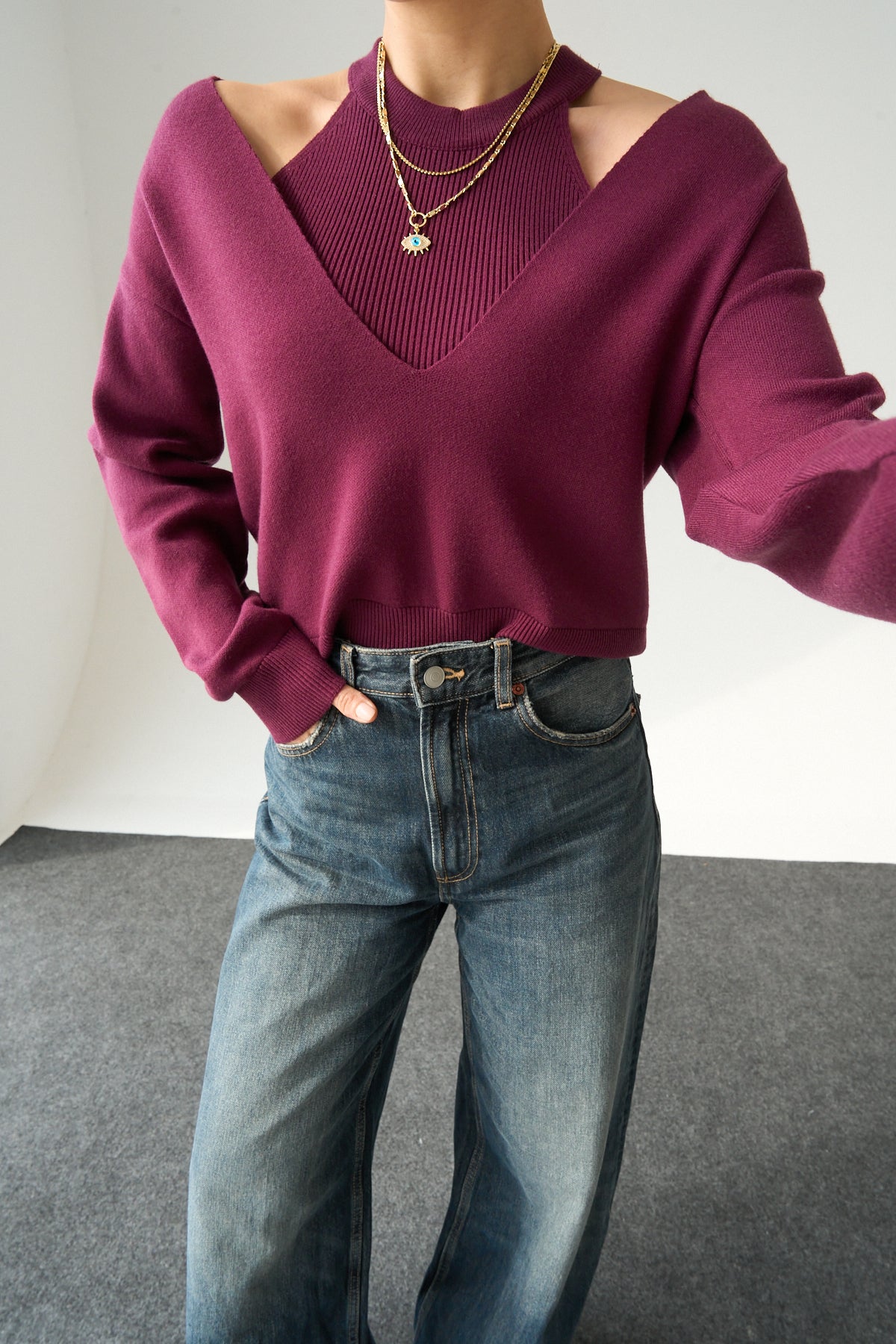 Kadın Mürdüm Yırtmaç Detaylı İkili V Yaka Kazak