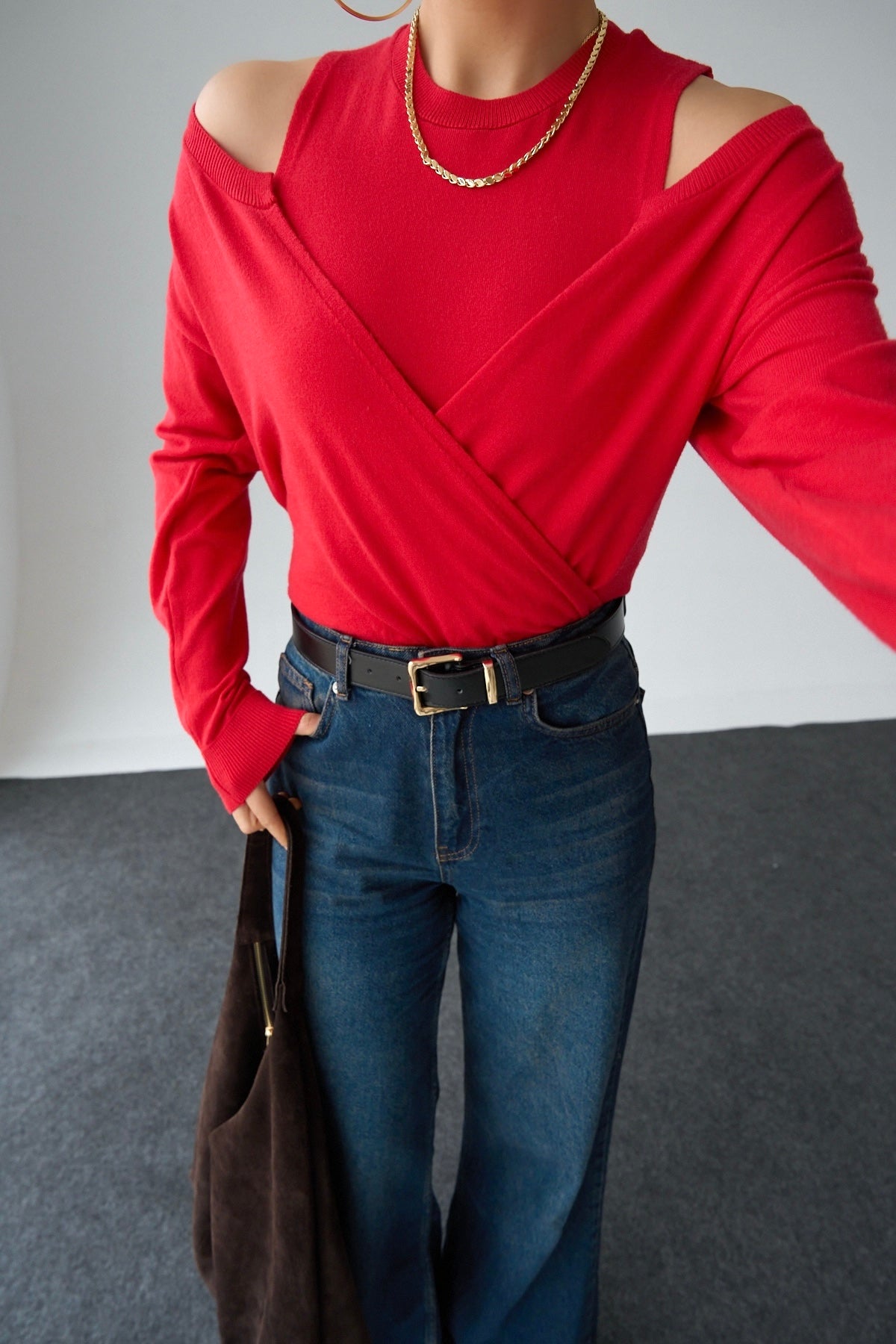 Kadın Kırmızı Kruvaze Yaka Hırka Bluz Takım