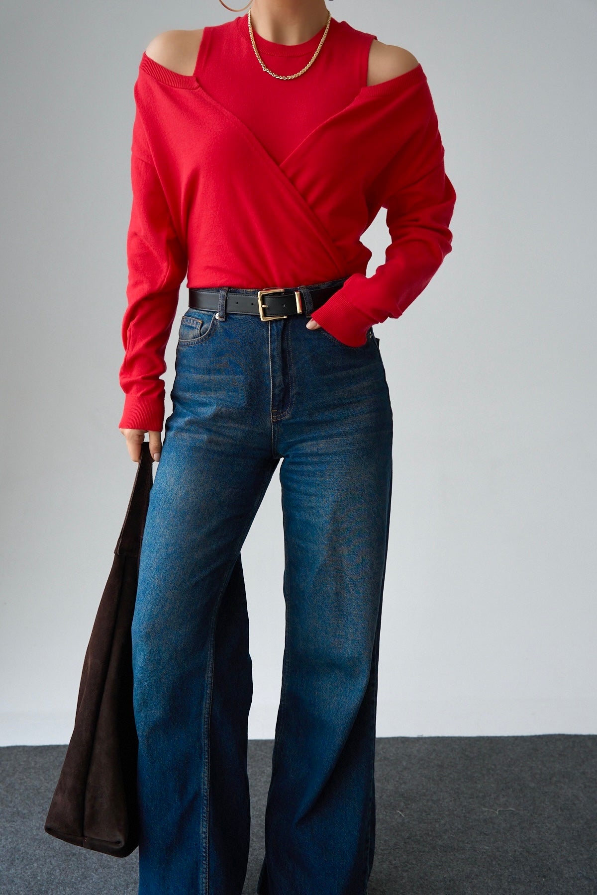 Kadın Kırmızı Kruvaze Yaka Hırka Bluz Takım