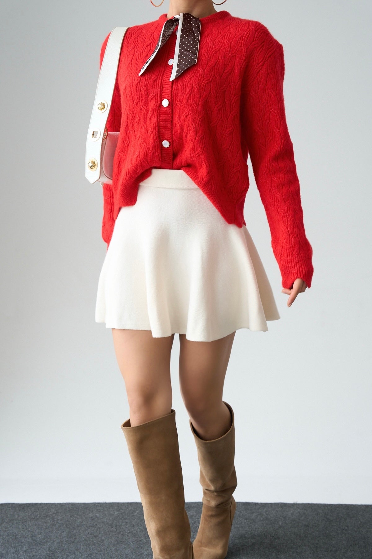 Kadın Kırmızı Bisiklet Yaka Leopar Fular Detaylı Örgü Hırka