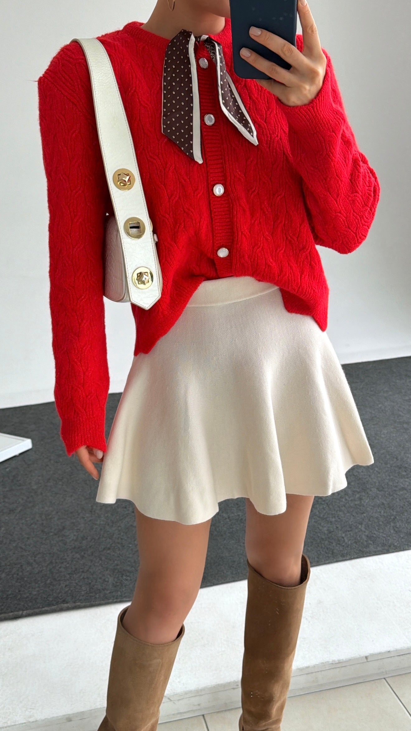 Kadın Kırmızı Bisiklet Yaka Leopar Fular Detaylı Örgü Hırka