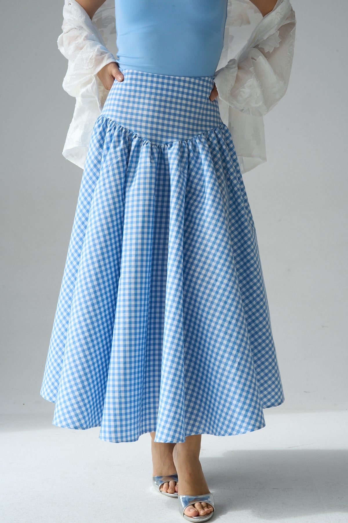 Kadın Yüksek Bel Pötikare Desenli Volanlı Etek