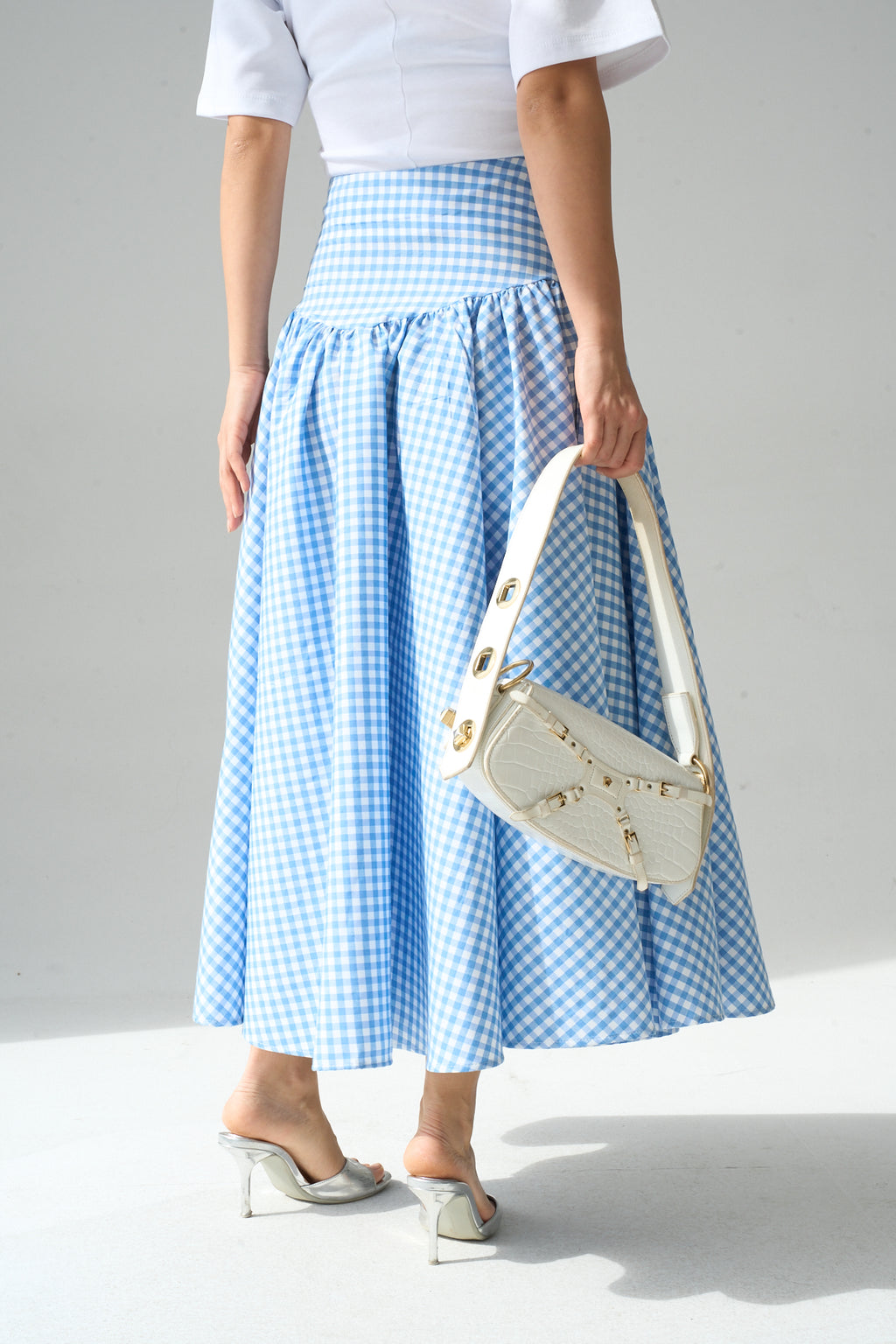 Kadın Yüksek Bel Pötikare Desenli Volanlı Etek