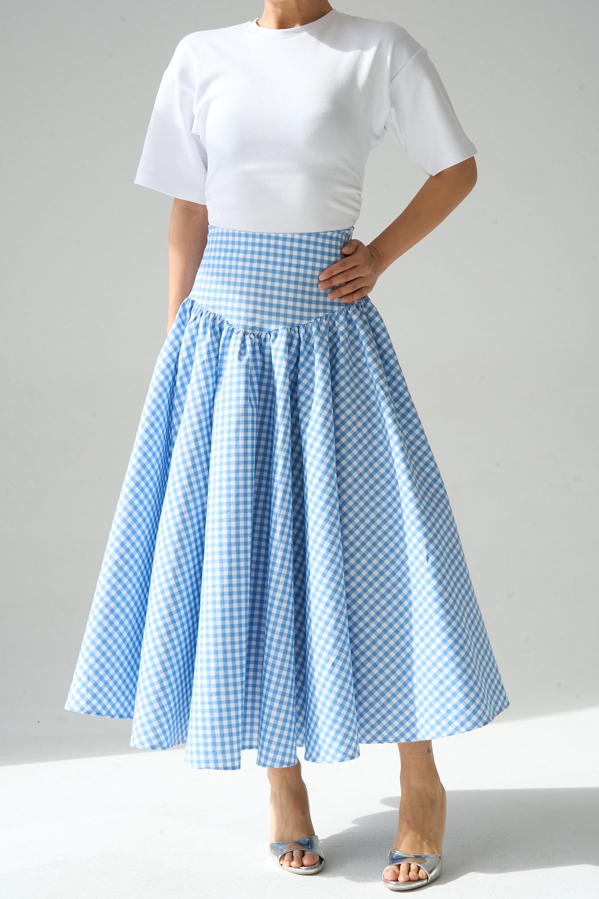 Kadın Yüksek Bel Pötikare Desenli Volanlı Etek