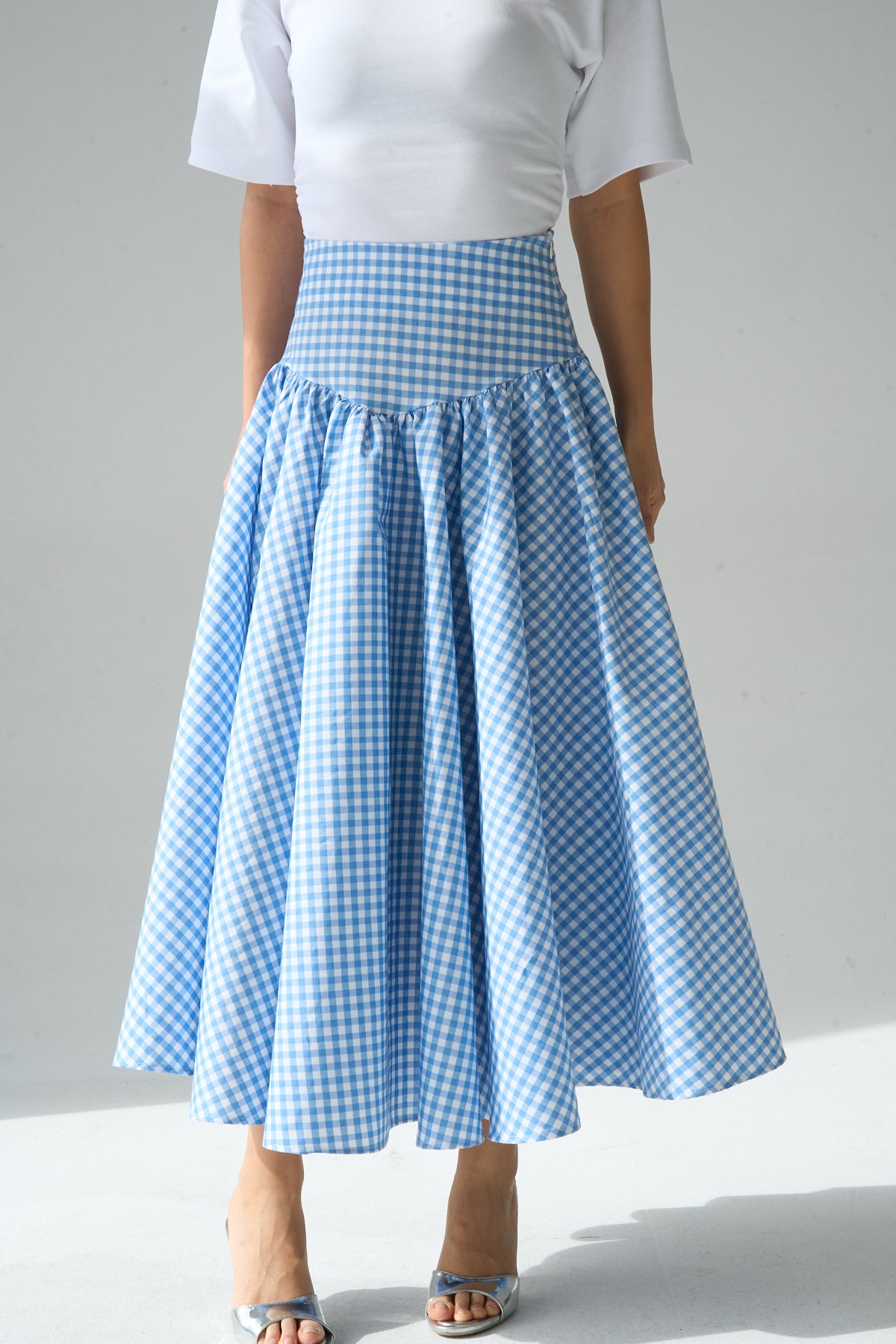 Kadın Yüksek Bel Pötikare Desenli Volanlı Etek