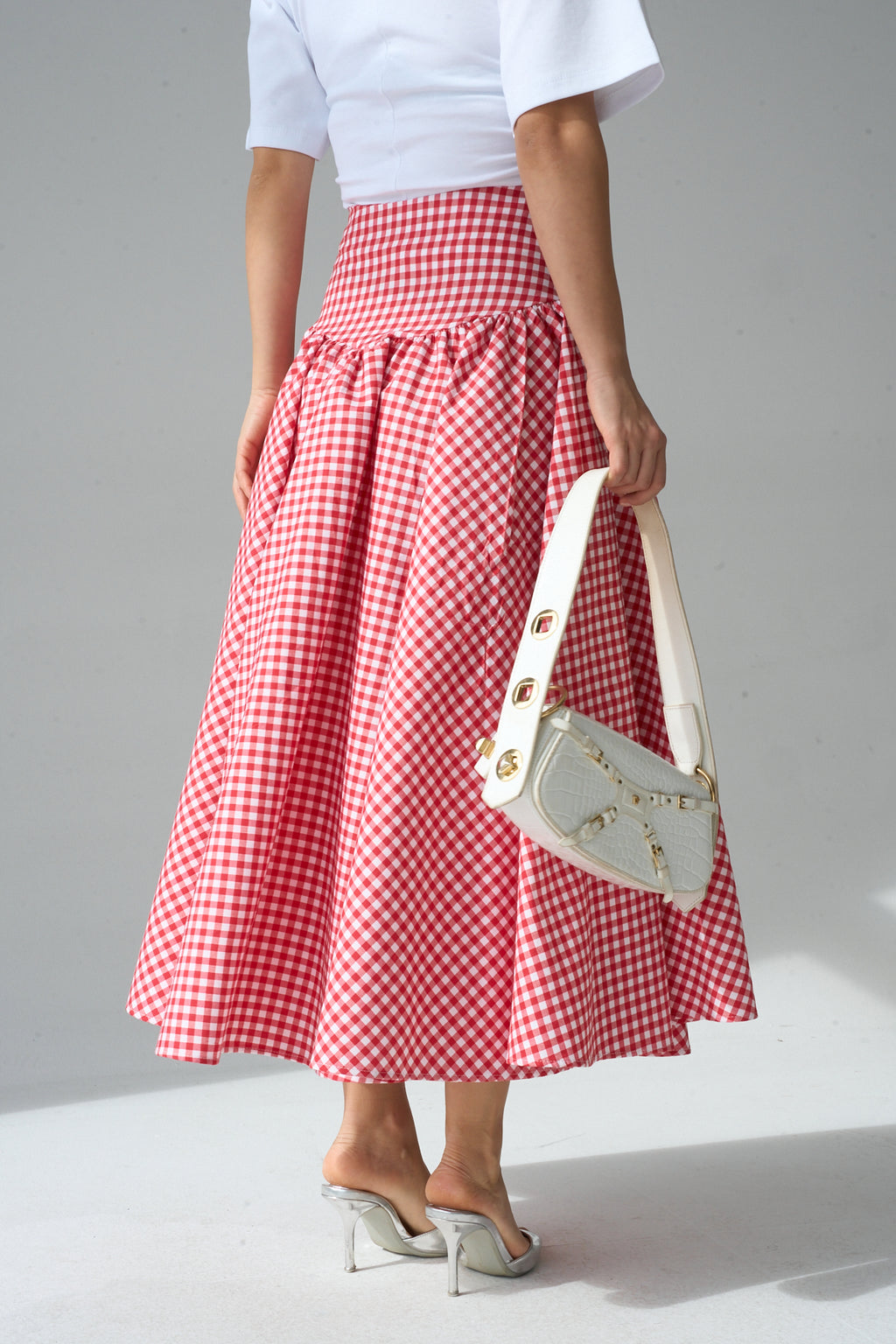 Kadın Yüksek Bel Pötikare Desenli Volanlı Etek