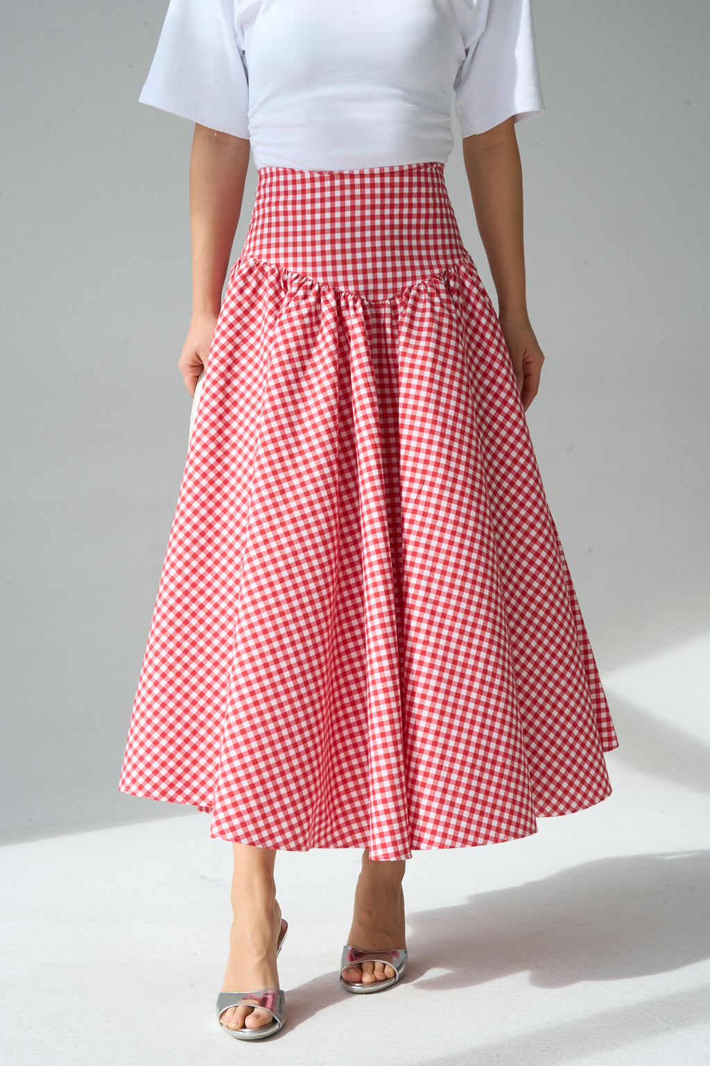 Kadın Yüksek Bel Pötikare Desenli Volanlı Etek