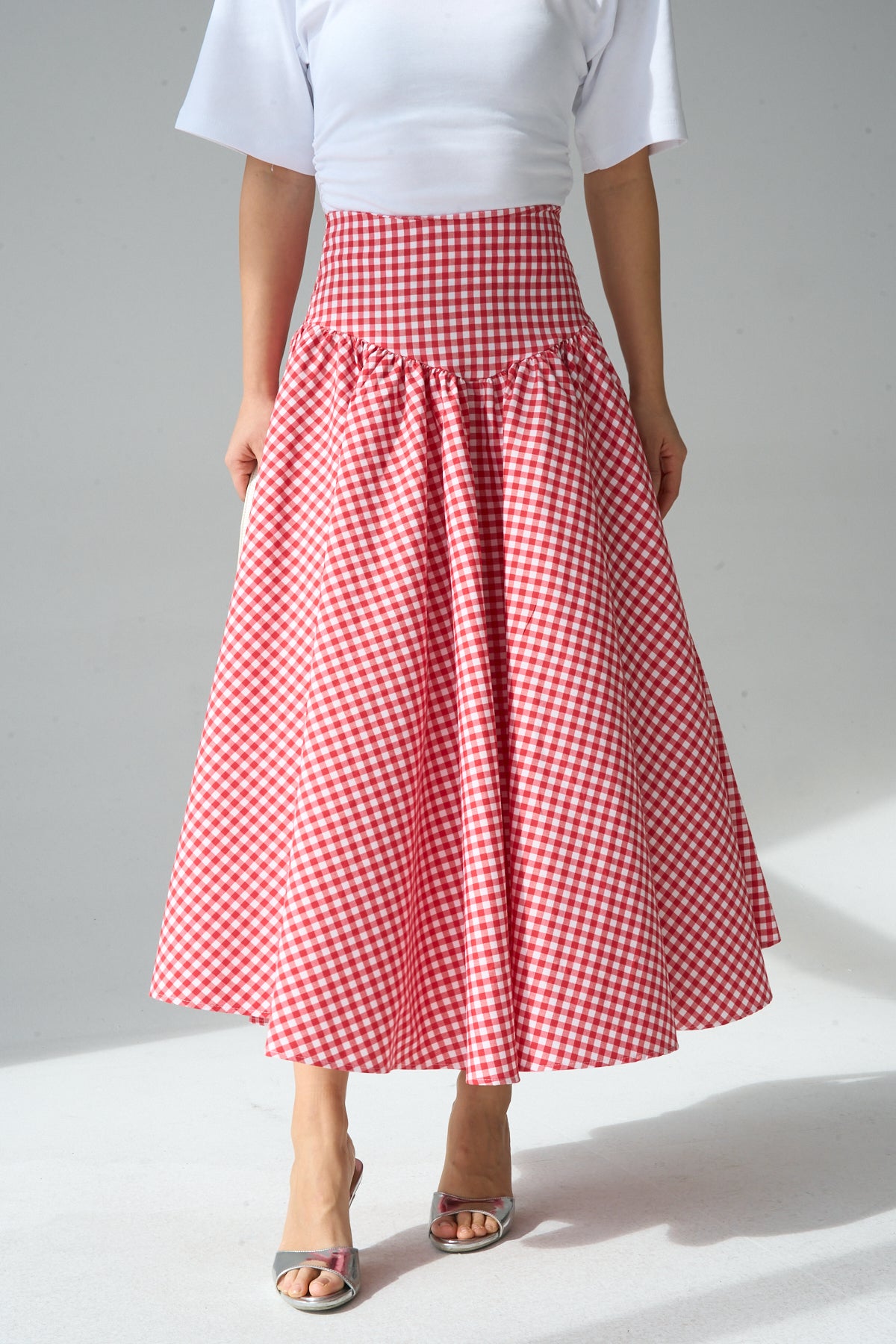 Kadın Yüksek Bel Pötikare Desenli Volanlı Etek