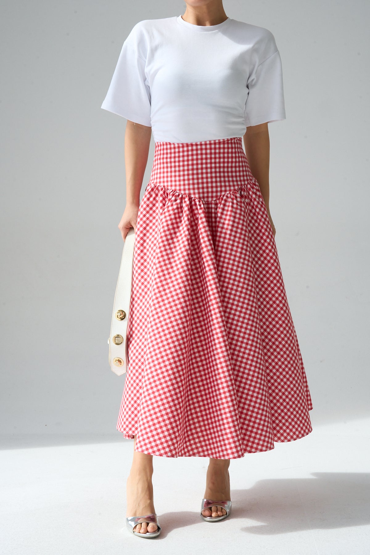 Kadın Yüksek Bel Pötikare Desenli Volanlı Etek