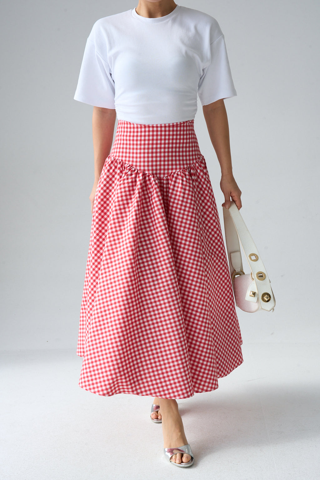 Kadın Yüksek Bel Pötikare Desenli Volanlı Etek