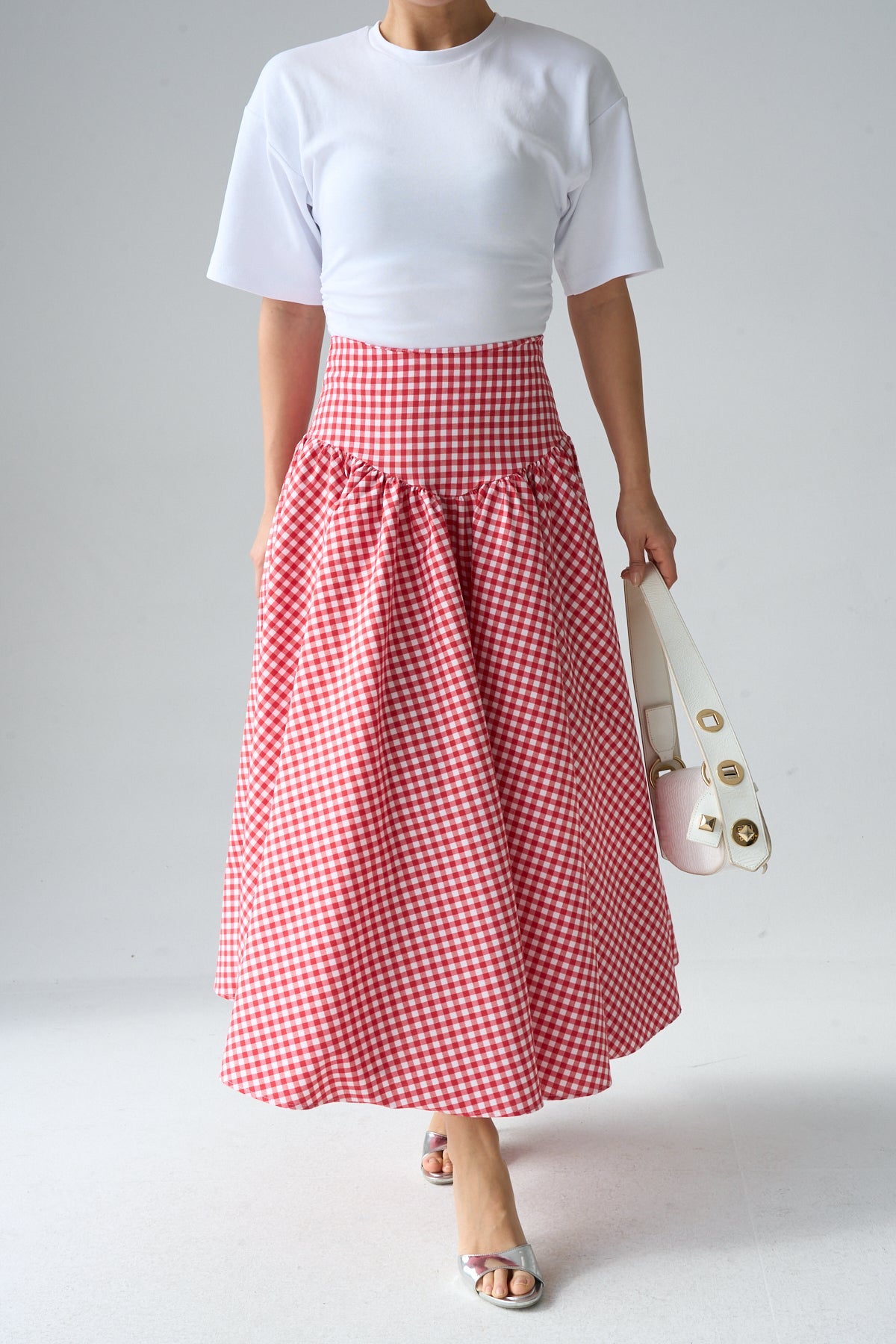 Kadın Yüksek Bel Pötikare Desenli Volanlı Etek