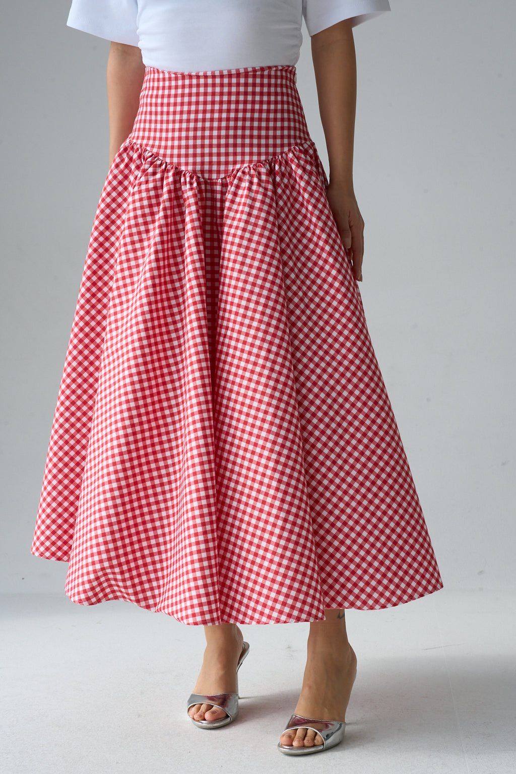 Kadın Yüksek Bel Pötikare Desenli Volanlı Etek