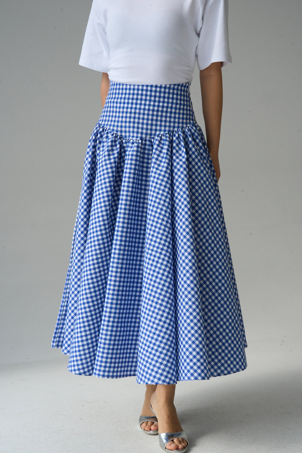 Kadın Yüksek Bel Pötikare Desenli Volanlı Etek