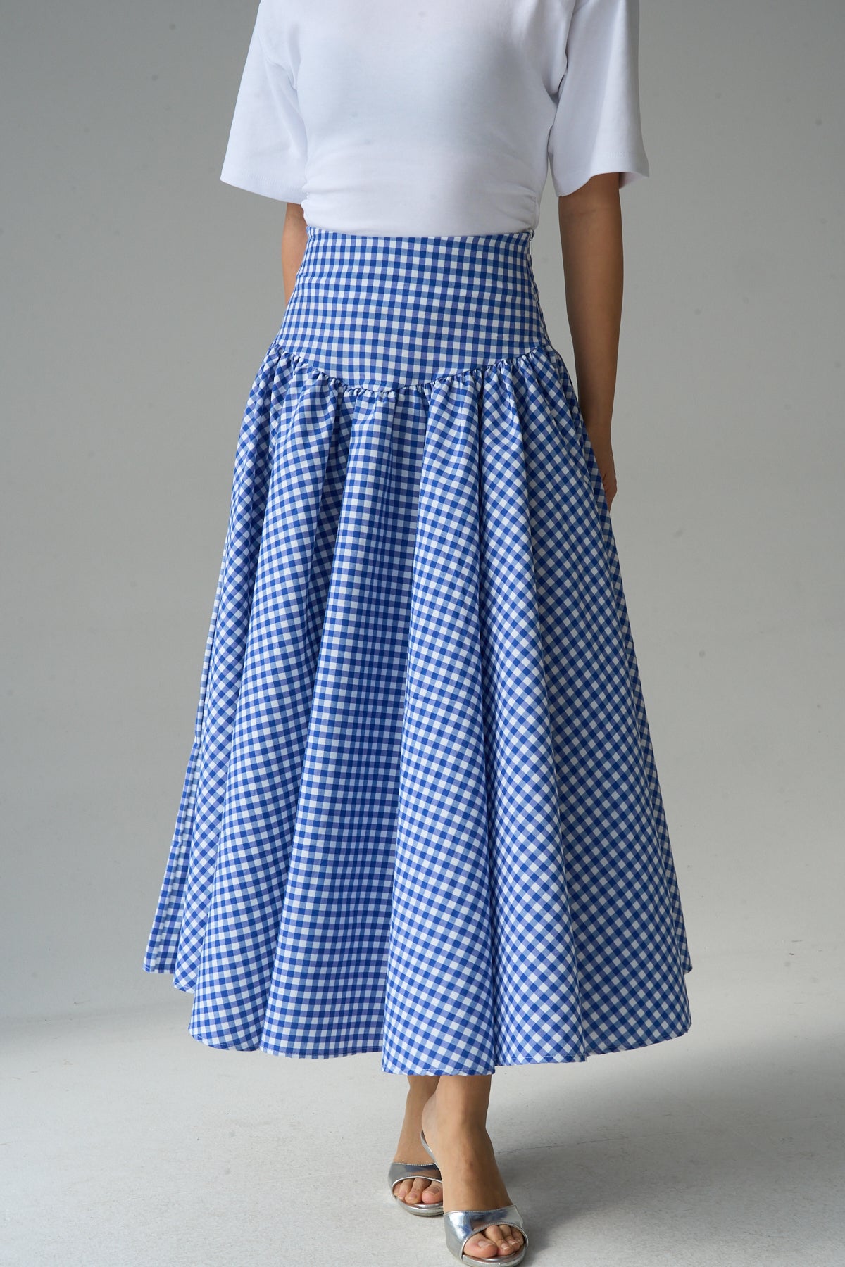 Kadın Yüksek Bel Pötikare Desenli Volanlı Etek