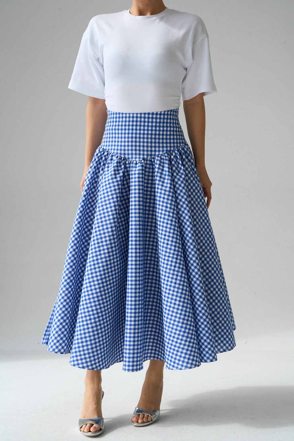 Kadın Yüksek Bel Pötikare Desenli Volanlı Etek