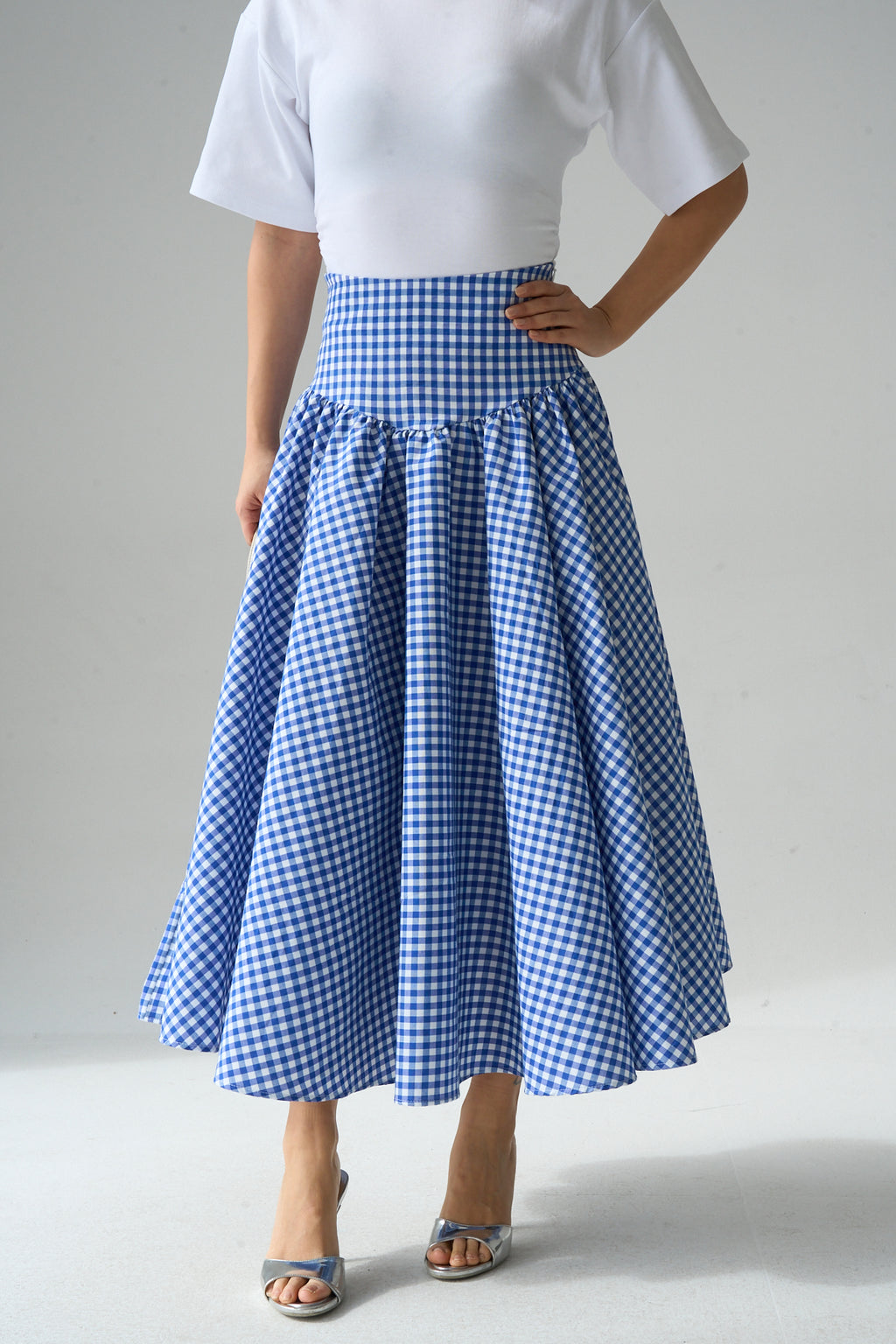 Kadın Yüksek Bel Pötikare Desenli Volanlı Etek