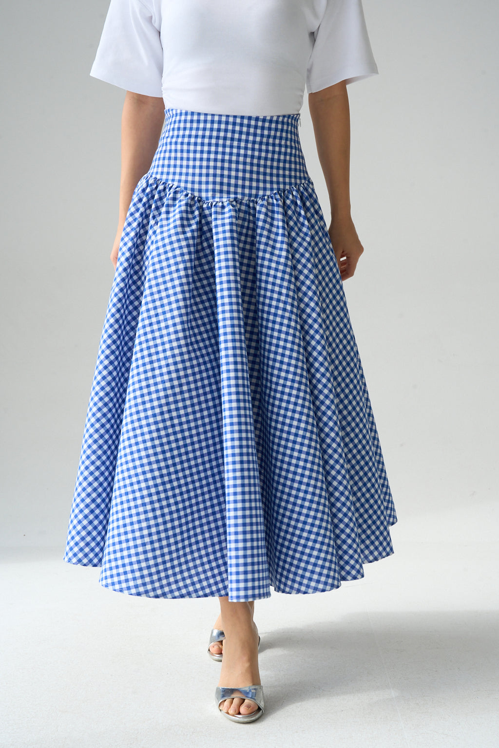 Kadın Yüksek Bel Pötikare Desenli Volanlı Etek