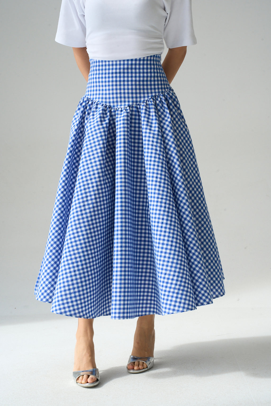 Kadın Yüksek Bel Pötikare Desenli Volanlı Etek