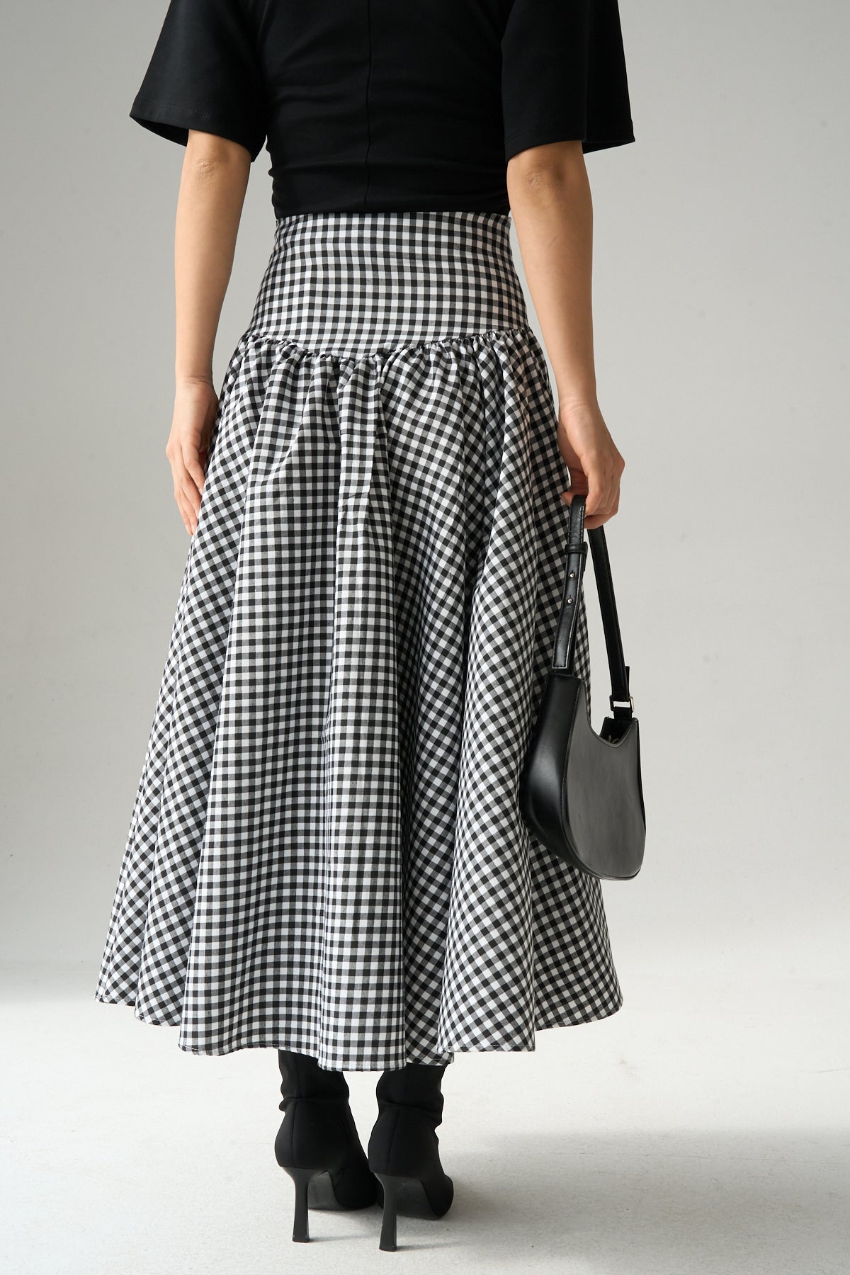 Kadın Yüksek Bel Pötikare Desenli Volanlı Etek