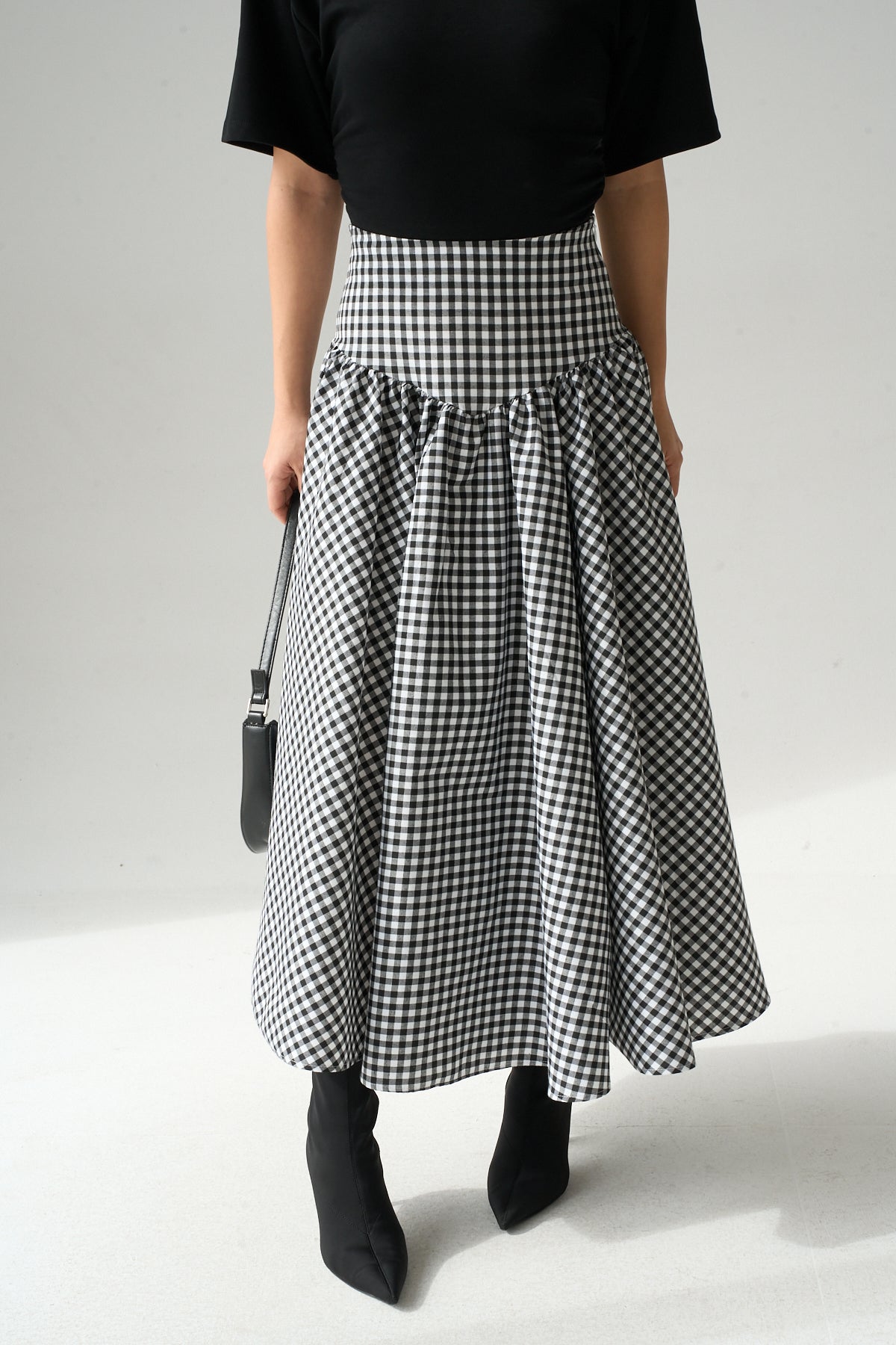 Kadın Yüksek Bel Pötikare Desenli Volanlı Etek