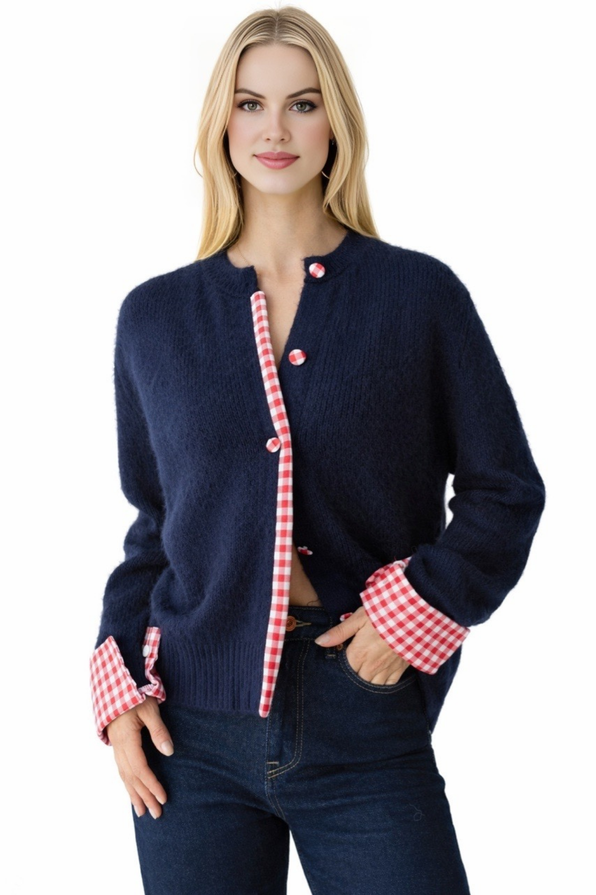 Kadın Krem Bisiklet Yaka Pötikare Detaylı Hırka