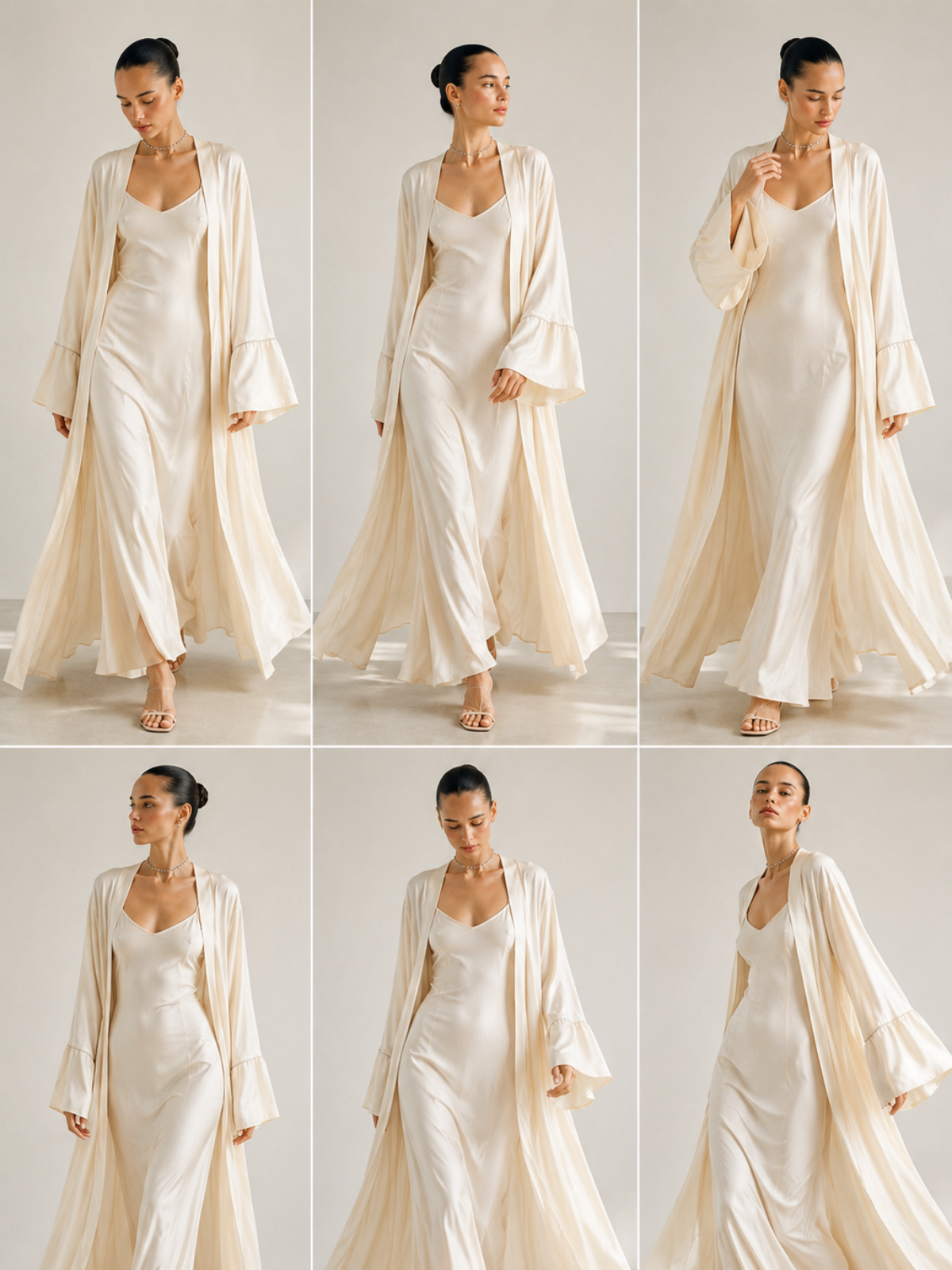 Kadın Krem Taş İşleme Detaylı Kuşaklı Abaya / Kimono