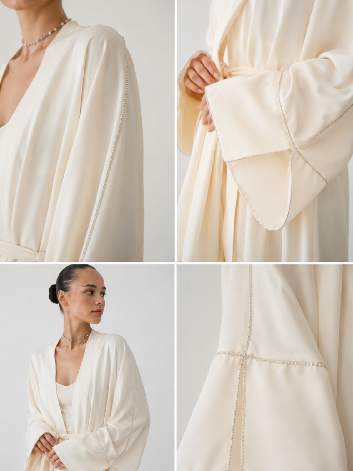 Kadın Krem Taş İşleme Detaylı Kuşaklı Abaya / Kimono