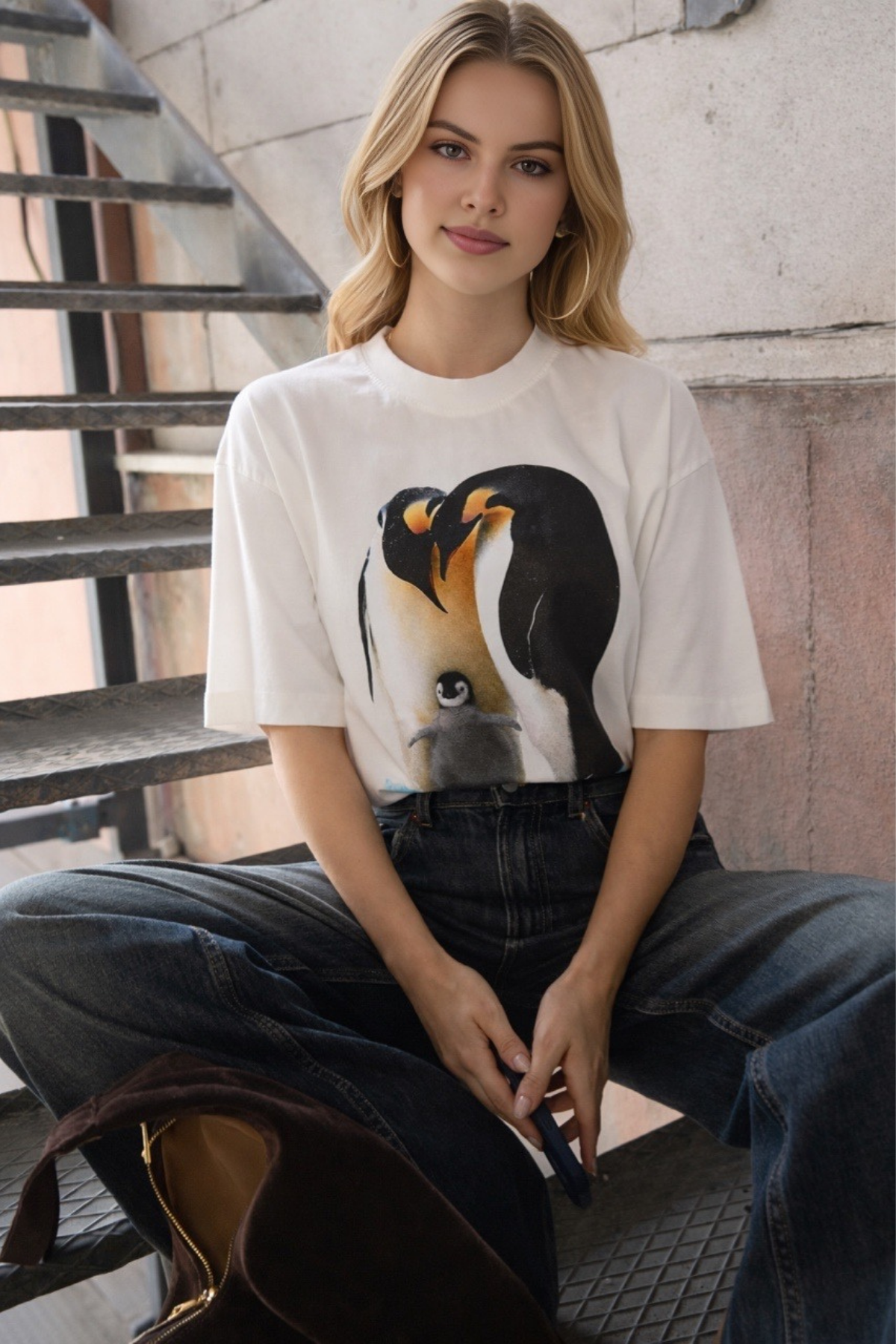 Kadın Bisiklet Yaka Penguen Baskılı Pamuklu Tişört