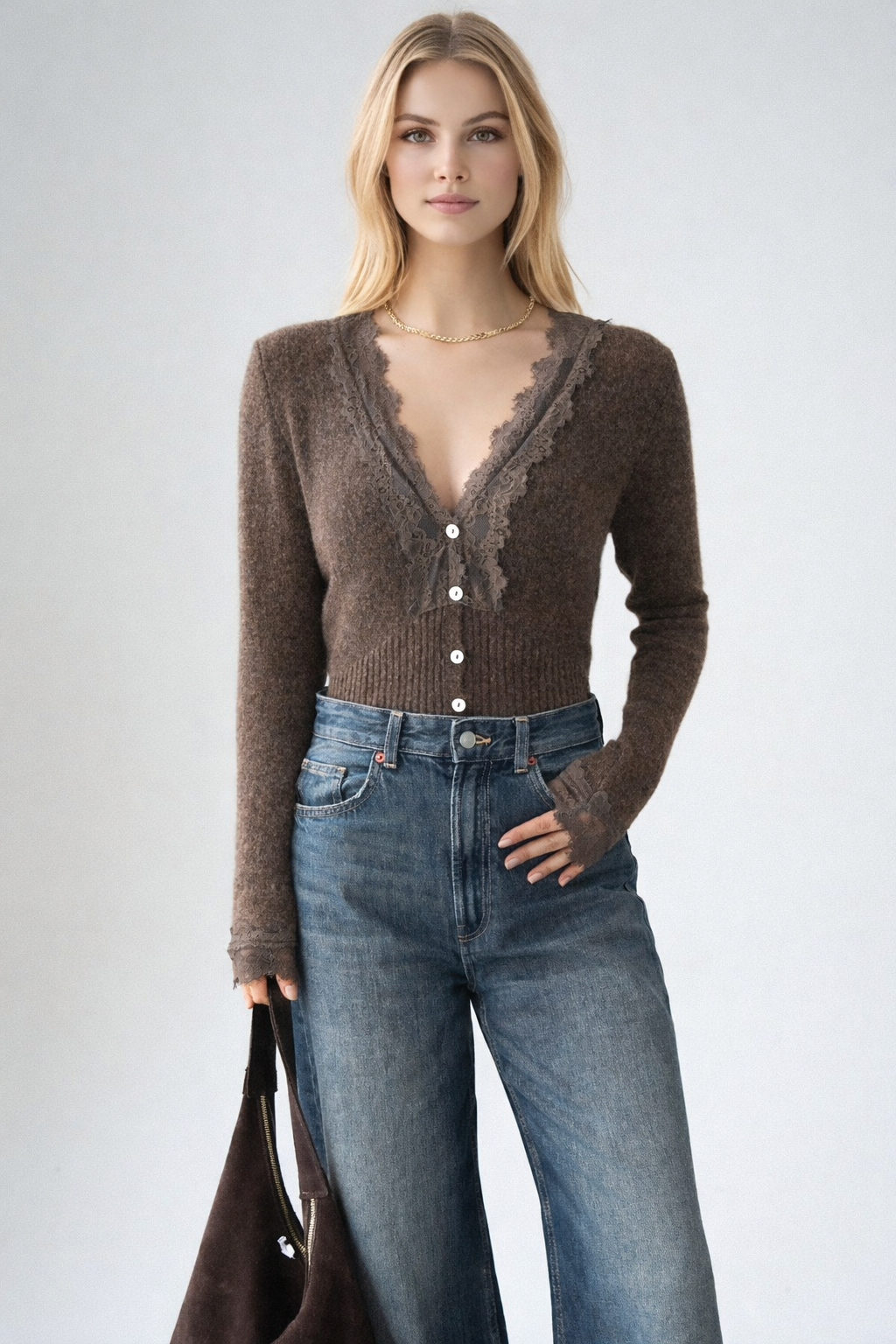 Kadın V Yaka Dantel Detaylı Yünlü Hırka