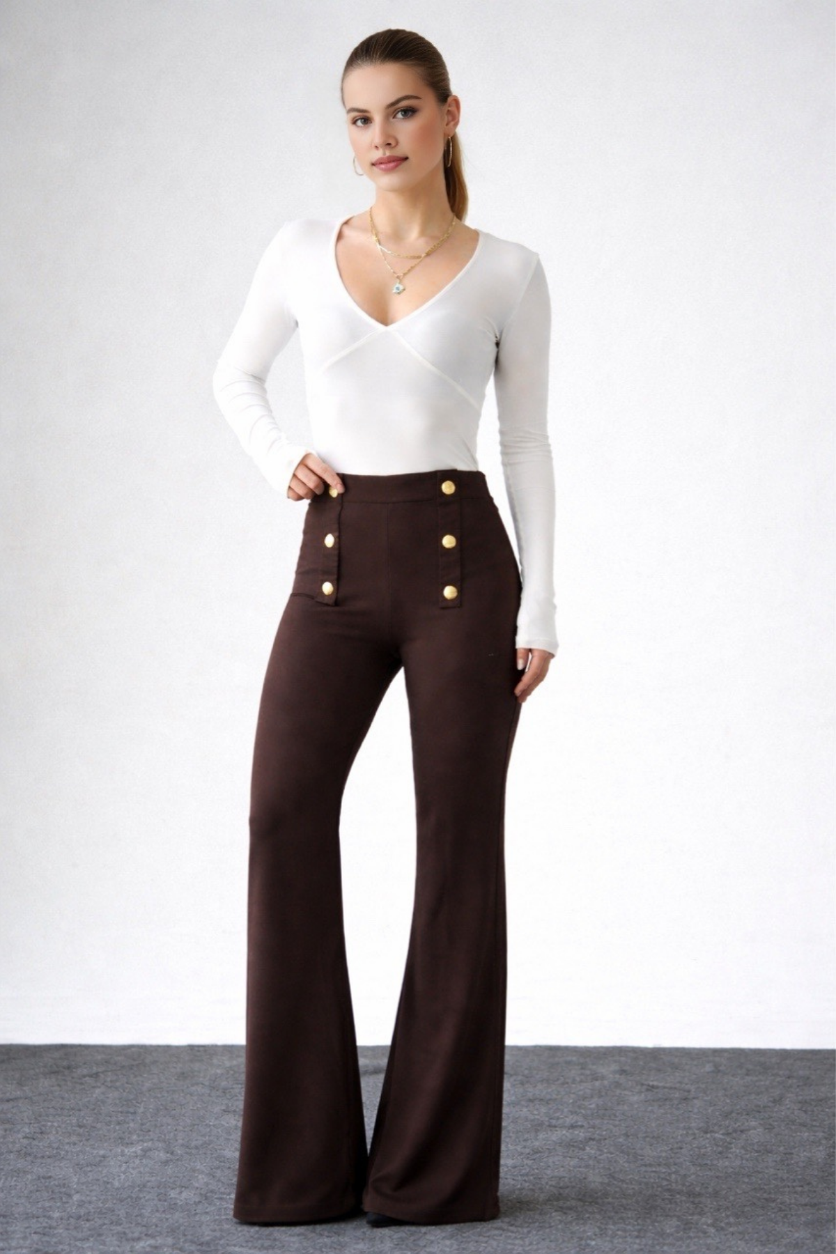 Kadın Gold Düğmeli İspanyol Paça Pantolon