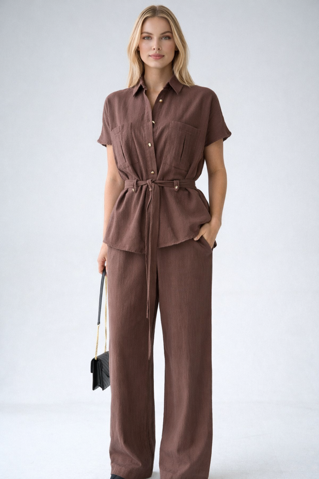 Kadın Kuşak Detaylı Gömlek Pantolon Pamuklu Takım